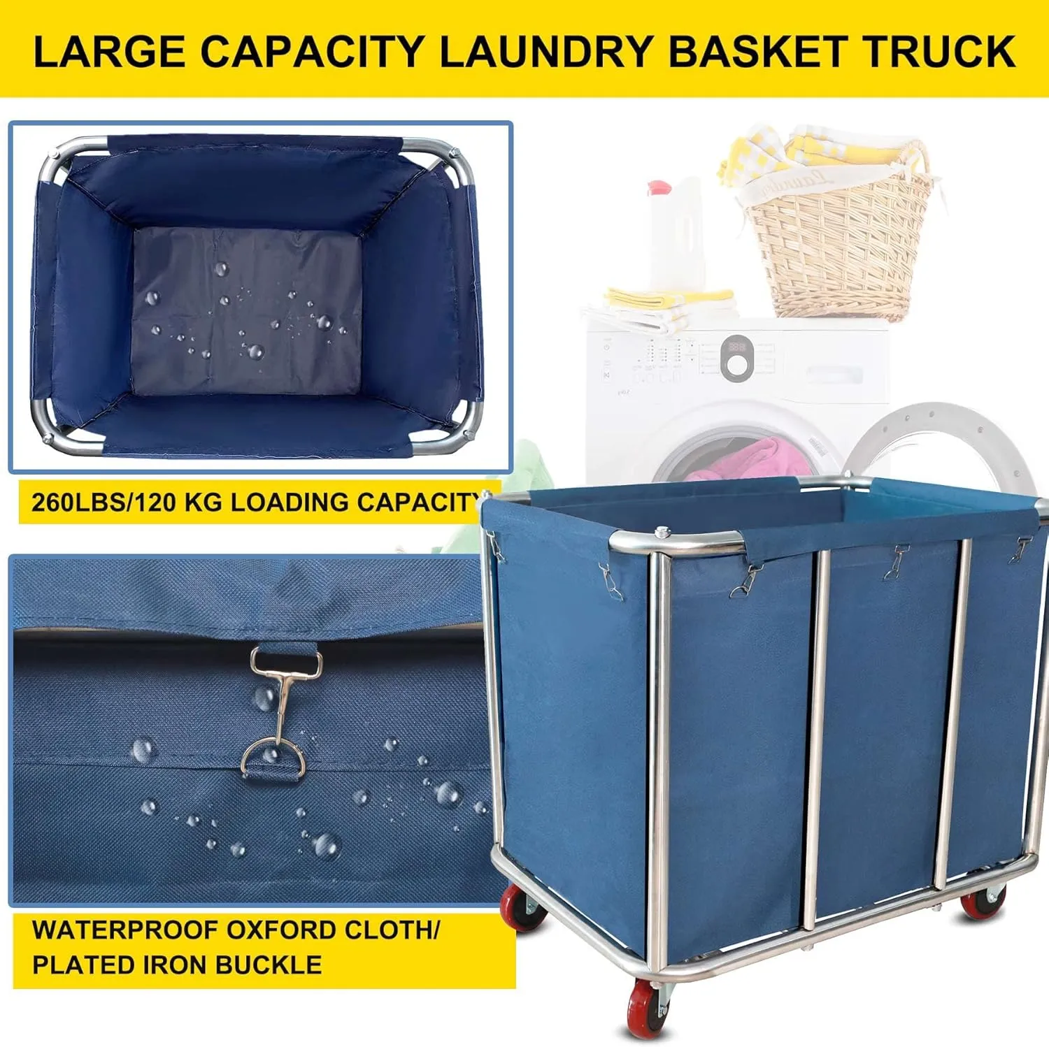 Commercial Laundry Cart with Wheels,11.35 Bushel Large Laundry Cart,Heavy Duty Stainless Steel Commercial Laundry Hampers Laundry Basket with Waterproof Lining,260 Lbs Load