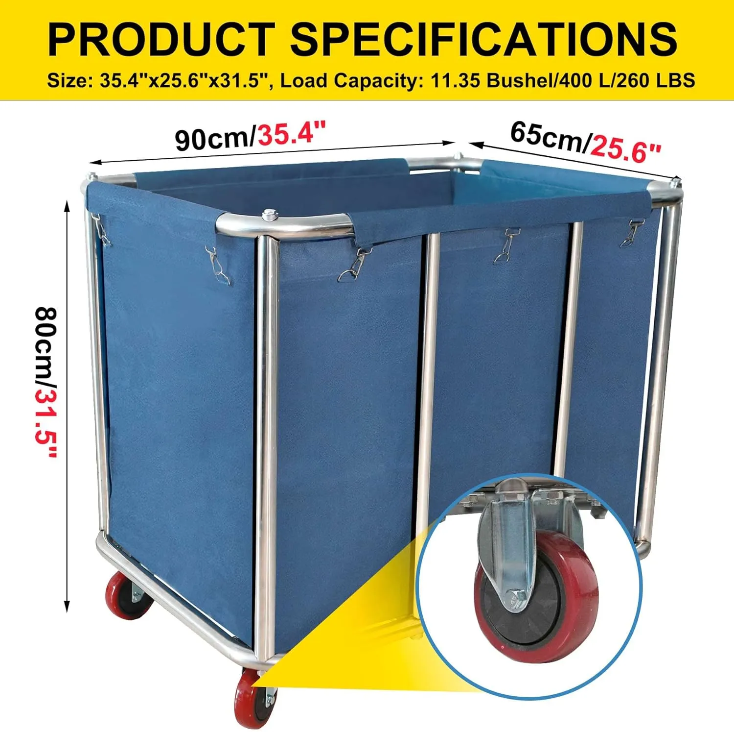 Commercial Laundry Cart with Wheels,11.35 Bushel Large Laundry Cart,Heavy Duty Stainless Steel Commercial Laundry Hampers Laundry Basket with Waterproof Lining,260 Lbs Load
