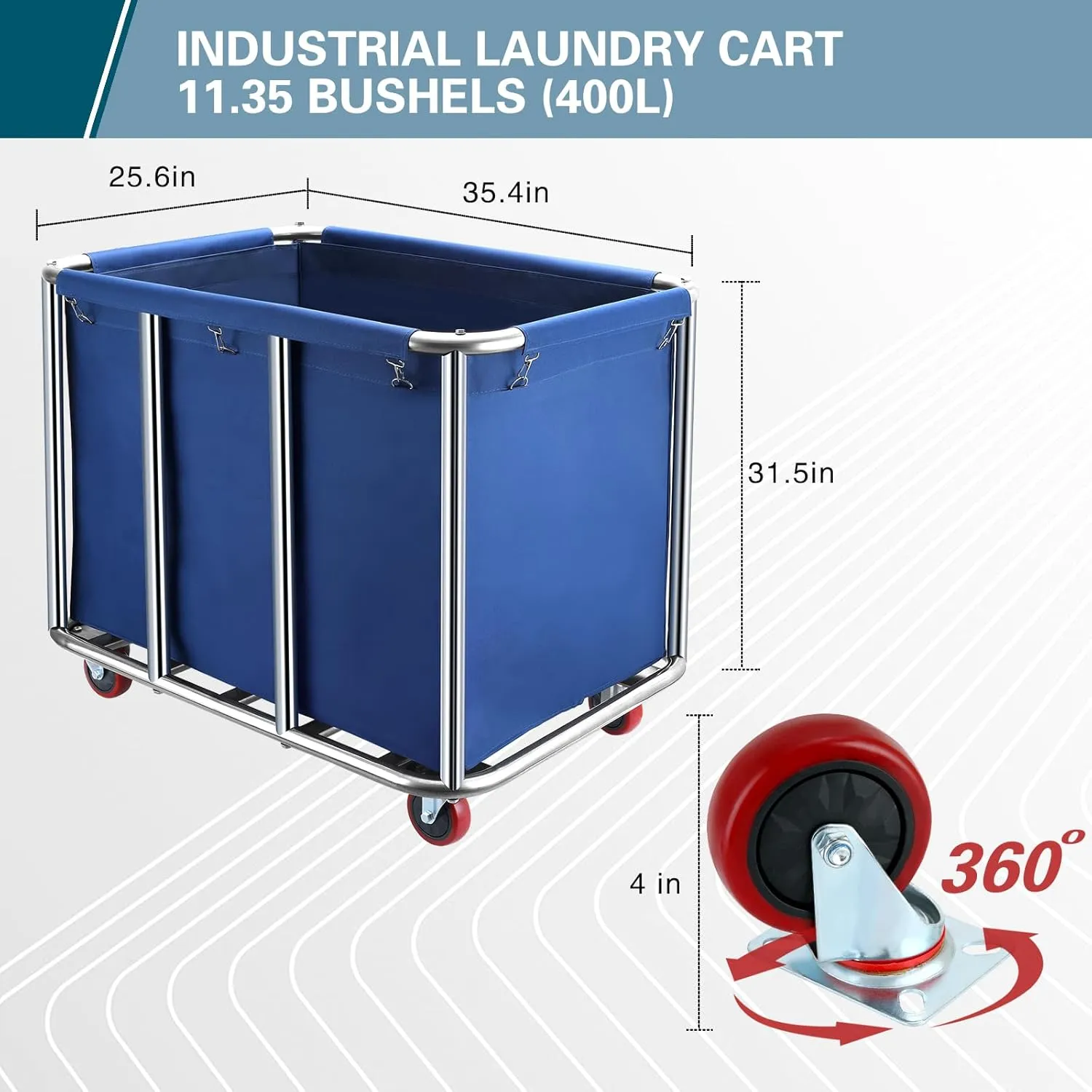 Commercial Laundry Cart with Wheels,400L Large Commercial Laundry Hamper,Commercial Laundry Basket with Sturdy Stainless Steel Frame and Oxford Bag for Home Hotel Hospital 440 lbs (Blue)