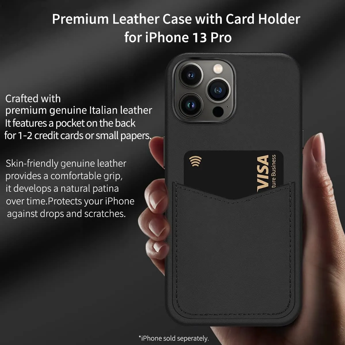 Compatible with iPhone 13 Pro Wallet Case, Italian Genuine Leather Case for iPhone 13 Pro with Card Holder Built-in Magnets for MagSafe Charging-Midnight