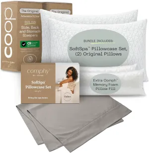 Comphy by Coop SoftSpa Pillowcase Set & Original Pillow King Bundle, Set Includes (1) Set of 2 SoftSpa Pillowcases, Dove Grey and (2) Original Pillows