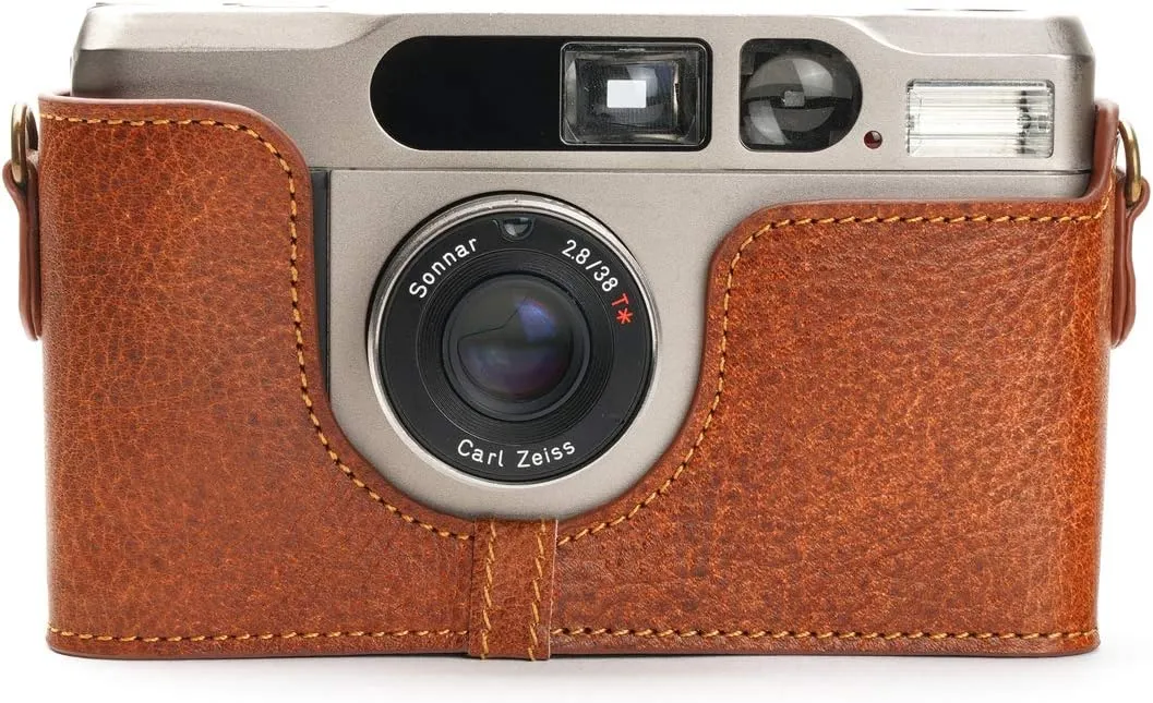 Contax T2 Case, BolinUS Handmade Genuine Real Leather Half Camera Case Bag Cover for Contax T2 Camera With Hand Strap (LavaBrown)