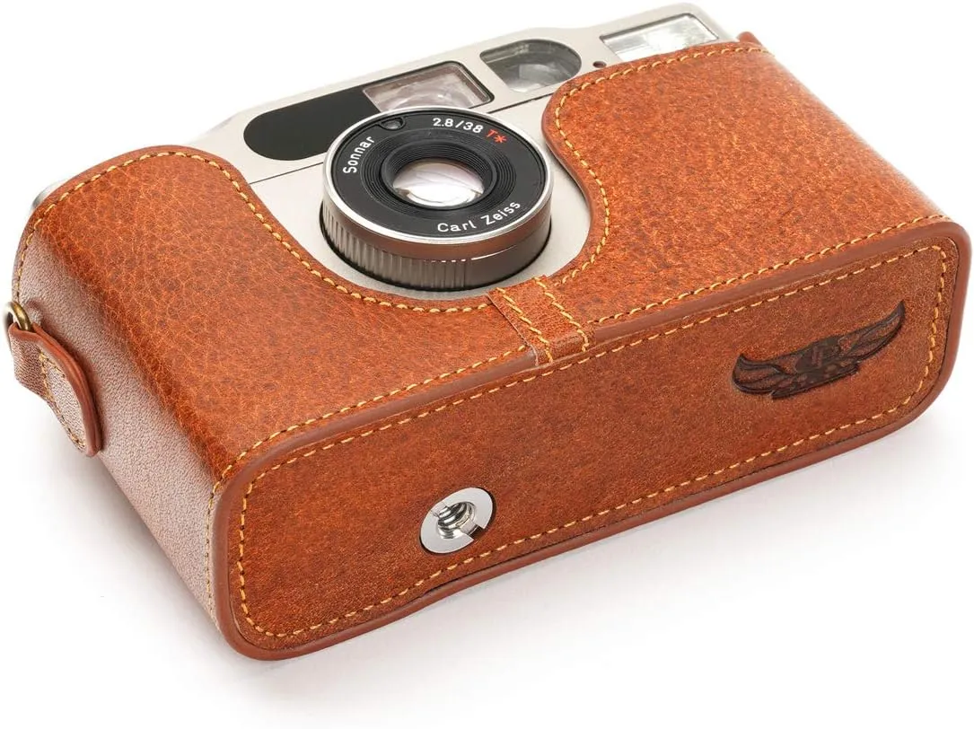 Contax T2 Case, BolinUS Handmade Genuine Real Leather Half Camera Case Bag Cover for Contax T2 Camera With Hand Strap (LavaBrown)