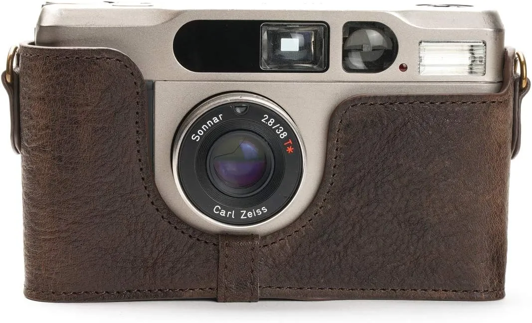 Contax T3 Case, BolinUS Handmade Genuine Real Leather Half Camera Case Bag Cover for Contax T3 Camera With Hand Strap (Coffee)