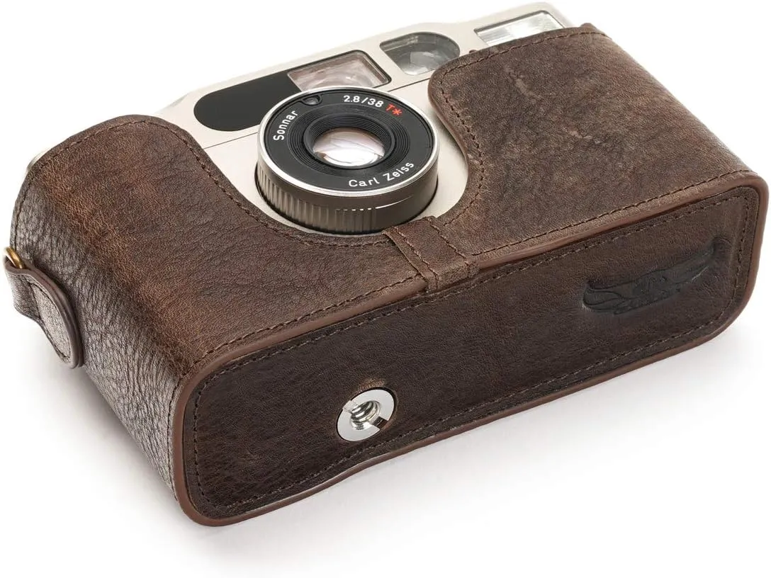 Contax T3 Case, BolinUS Handmade Genuine Real Leather Half Camera Case Bag Cover for Contax T3 Camera With Hand Strap (Coffee)