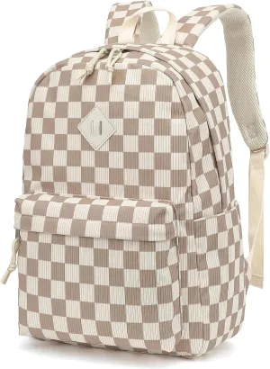 Corduroy Girls School Backpack - Teen Bookbags Kids Elementary Middle School Bookbags Women Travel Daypack (Checkered Brown)