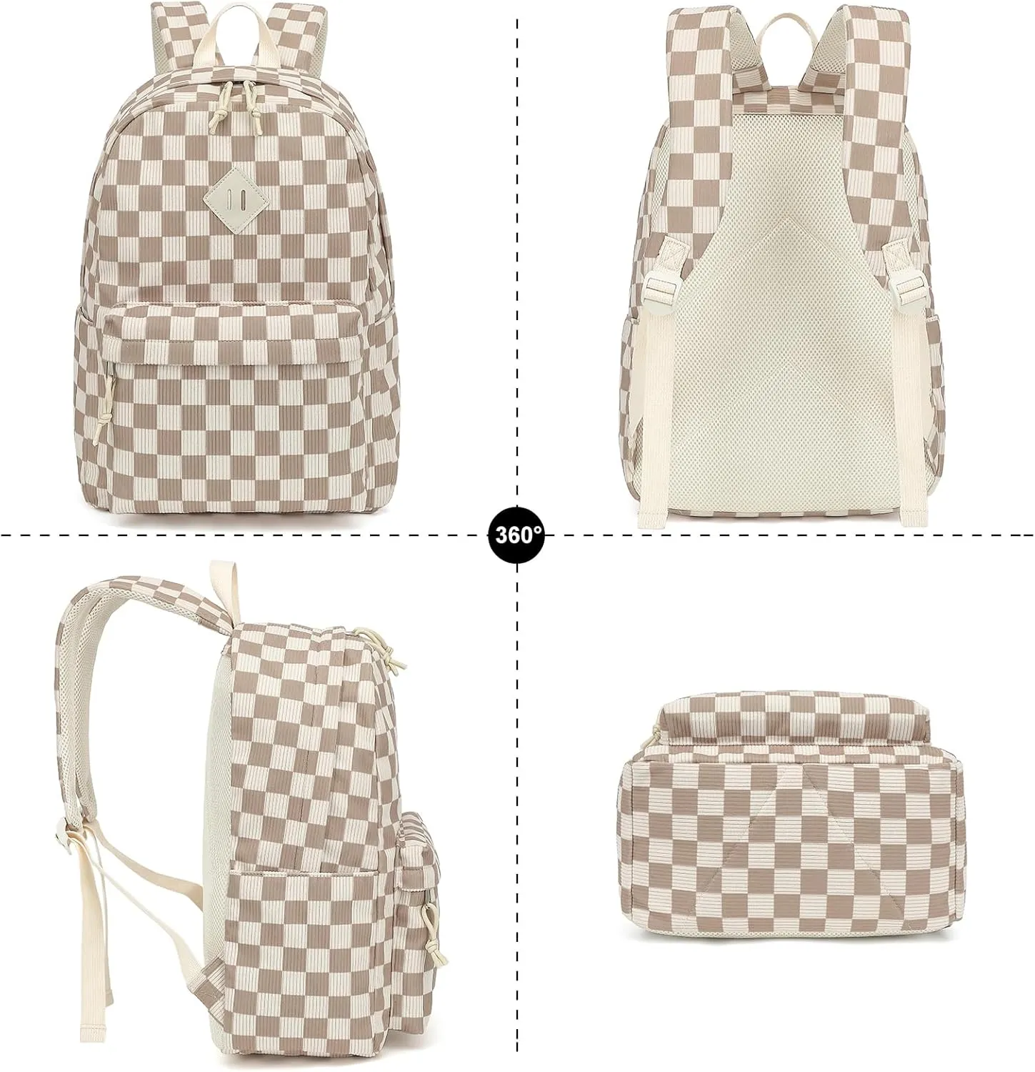 Corduroy Girls School Backpack - Teen Bookbags Kids Elementary Middle School Bookbags Women Travel Daypack (Checkered Brown)