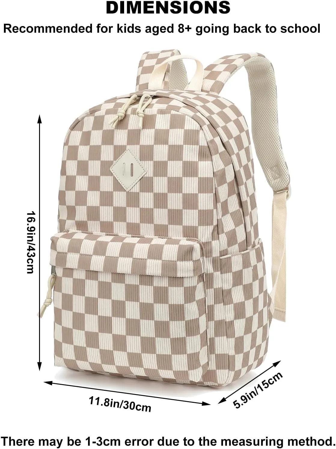 Corduroy Girls School Backpack - Teen Bookbags Kids Elementary Middle School Bookbags Women Travel Daypack (Checkered Brown)