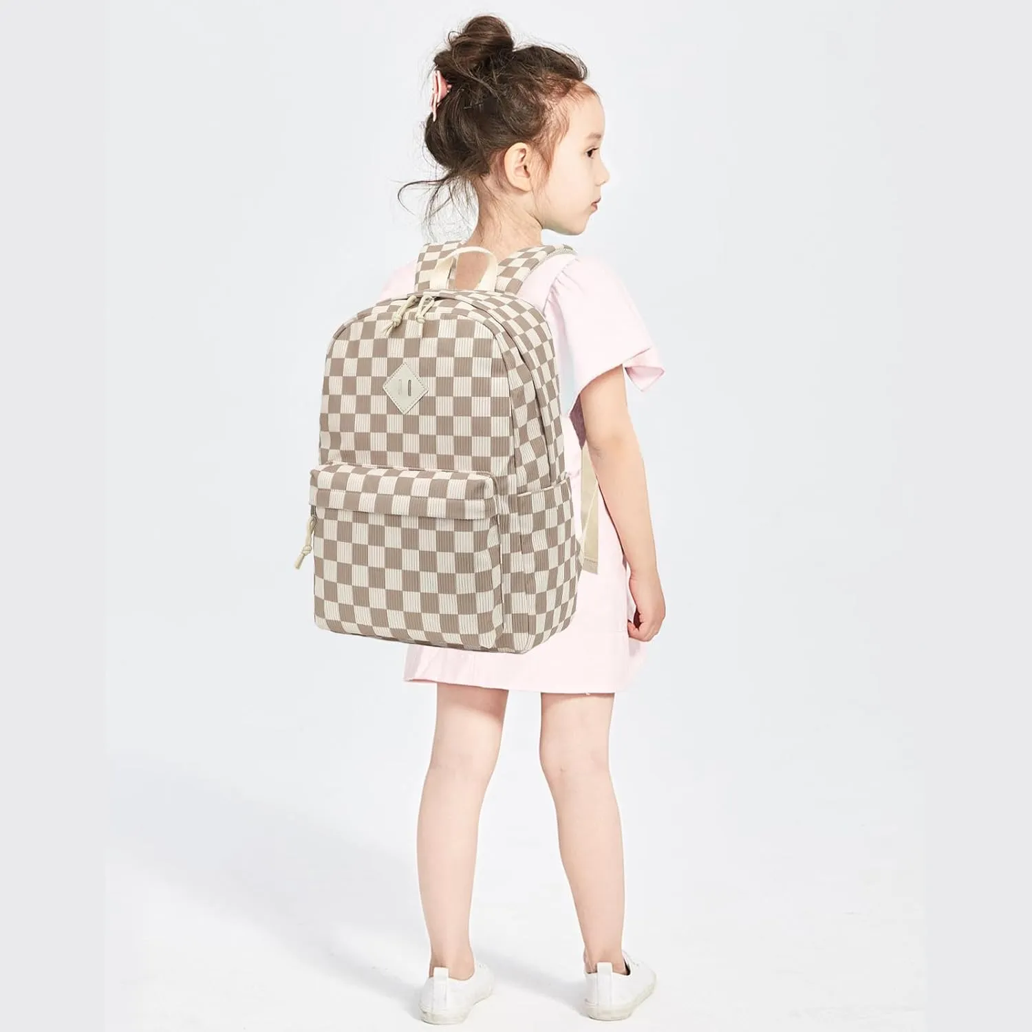 Corduroy Girls School Backpack - Teen Bookbags Kids Elementary Middle School Bookbags Women Travel Daypack (Checkered Brown)
