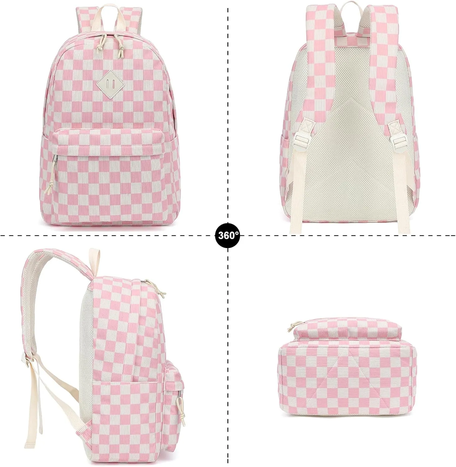 Corduroy Girls School Backpack - Teen Bookbags Kids Elementary Middle School Bookbags Women Travel Daypack (Checkered Pink)