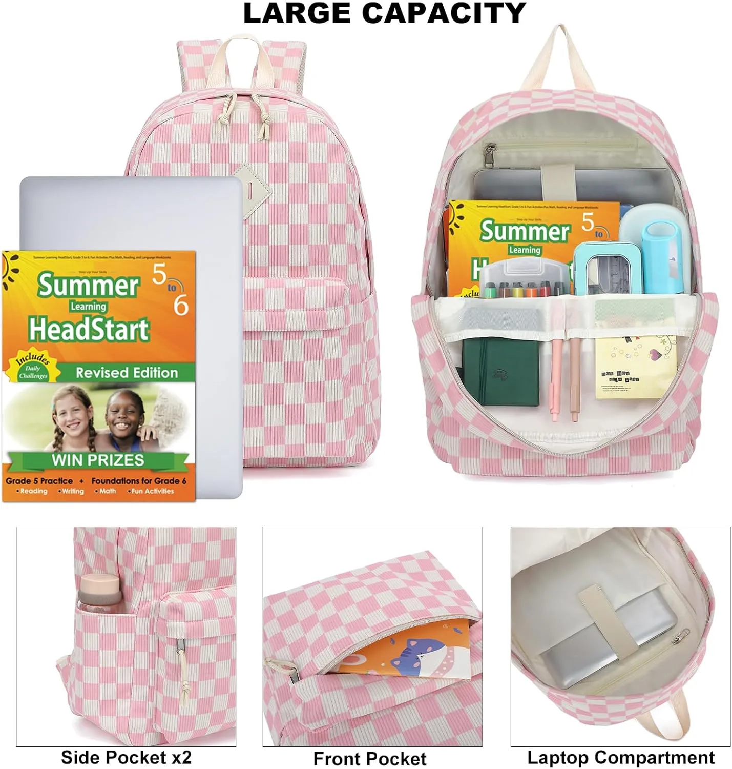 Corduroy Girls School Backpack - Teen Bookbags Kids Elementary Middle School Bookbags Women Travel Daypack (Checkered Pink)