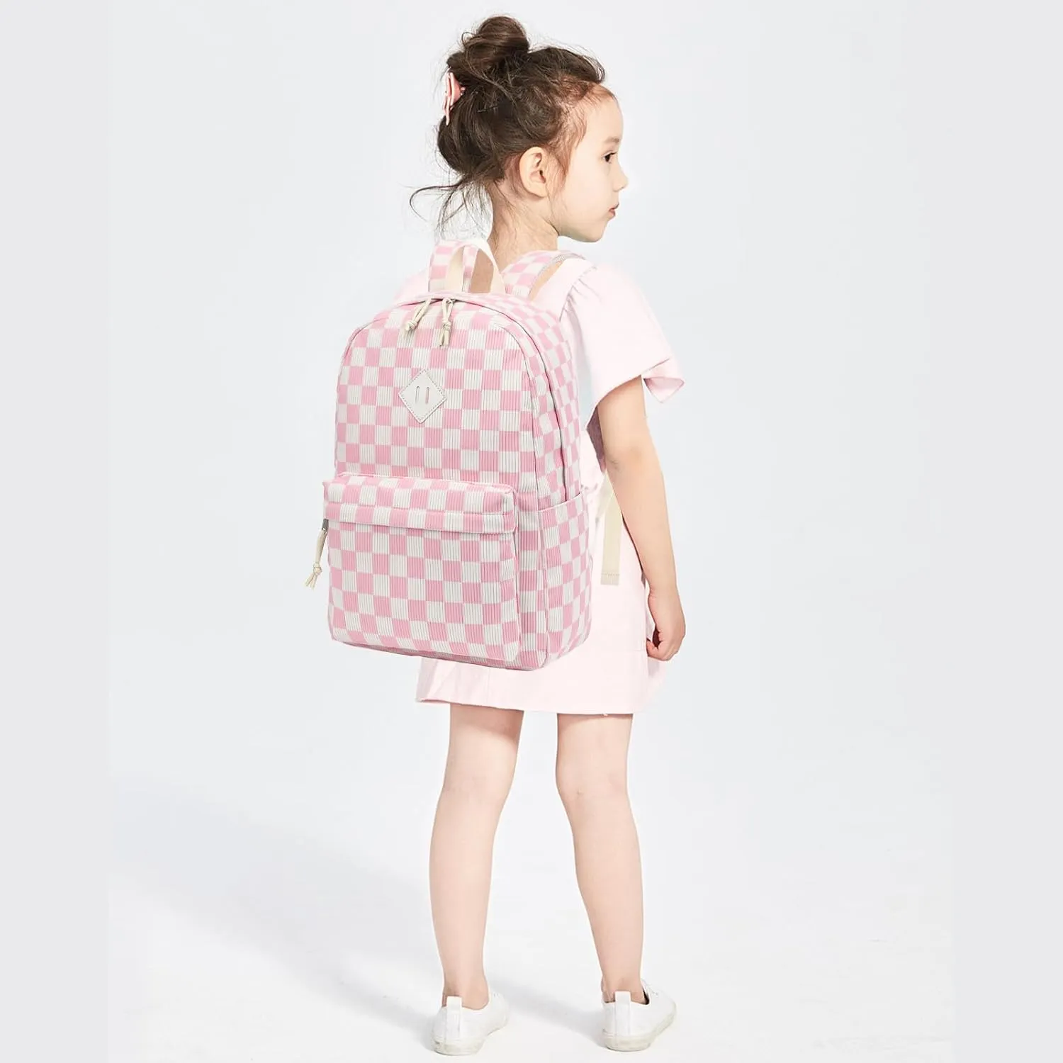 Corduroy Girls School Backpack - Teen Bookbags Kids Elementary Middle School Bookbags Women Travel Daypack (Checkered Pink)