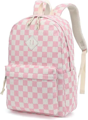 Corduroy Girls School Backpack - Teen Bookbags Kids Elementary Middle School Bookbags Women Travel Daypack (Checkered Pink)