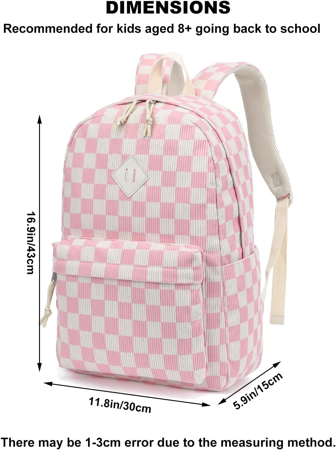 Corduroy Girls School Backpack - Teen Bookbags Kids Elementary Middle School Bookbags Women Travel Daypack (Checkered Pink)