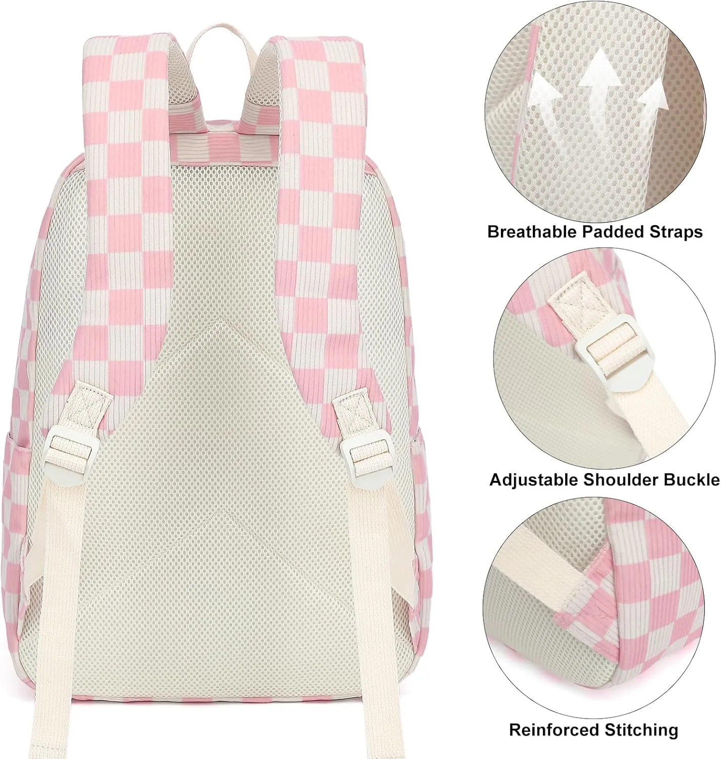 Corduroy Girls School Backpack - Teen Bookbags Kids Elementary Middle School Bookbags Women Travel Daypack (Checkered Pink)