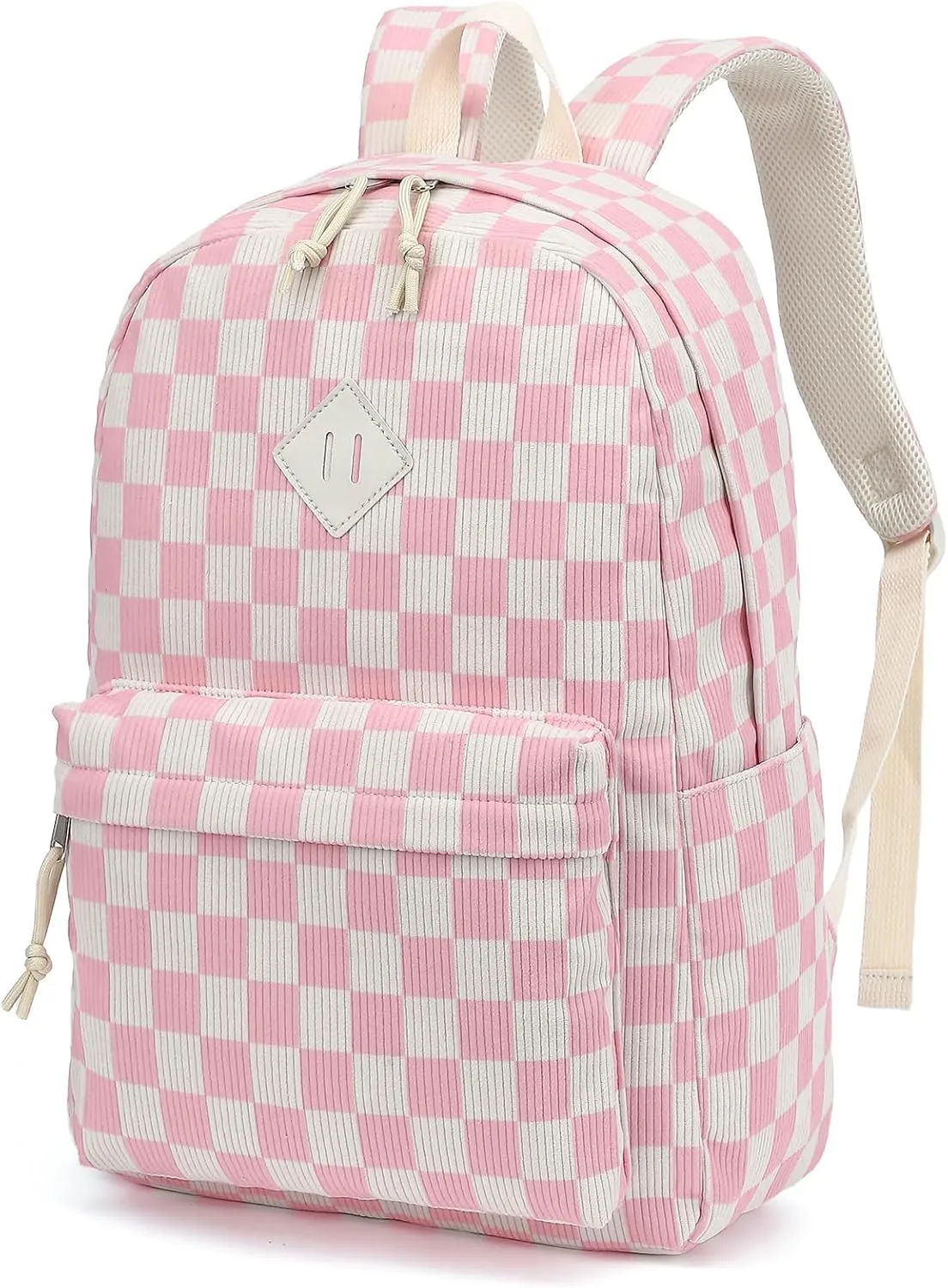 Corduroy Girls School Backpack - Teen Bookbags Kids Elementary Middle School Bookbags Women Travel Daypack (Checkered Pink)