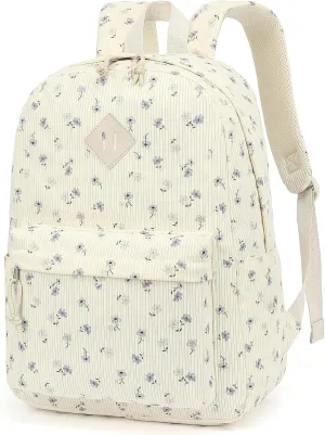 Corduroy Girls School Backpack - Teen Bookbags Kids Elementary Middle School Bookbags Women Travel Daypack (Flowers Purple)
