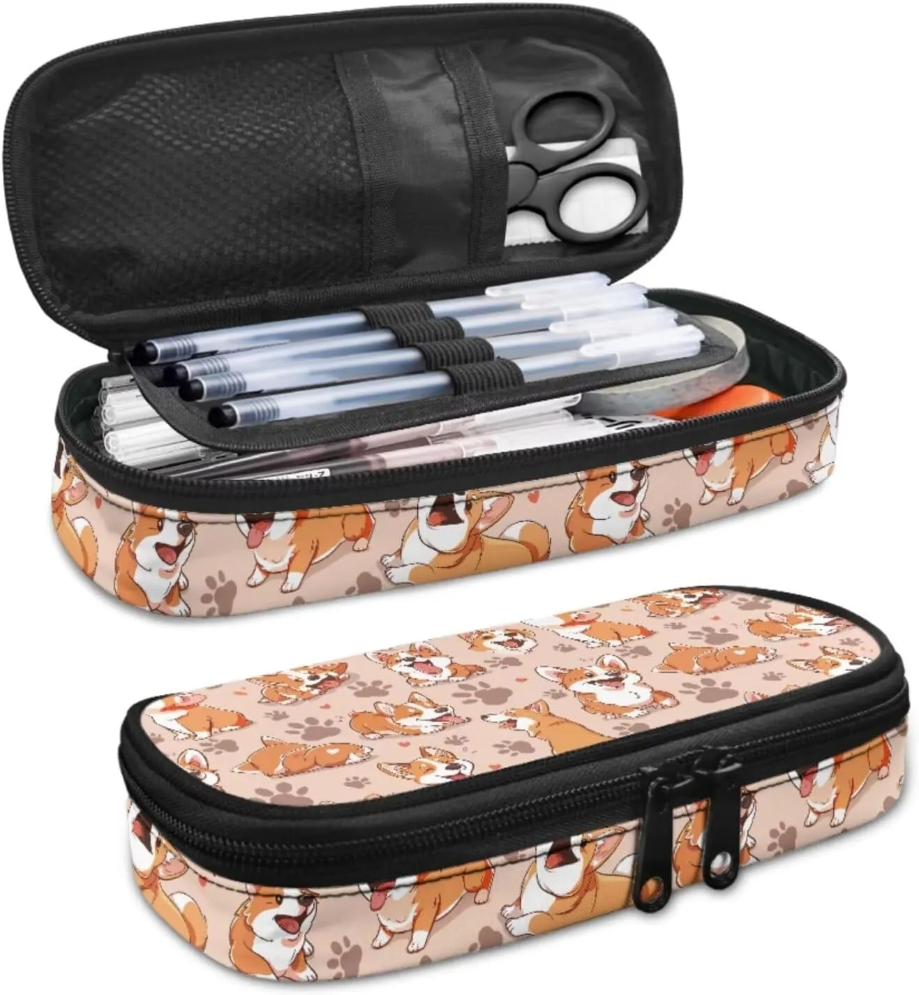 Corgi Print Backpack for Girls 6-10 Backpack Set with Lunch Box Pencil Case for Girls Multi-functional Rucksack Insulated Meal Bag Pen Bag for High School