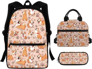 Corgi Print Backpack for Girls 6-10 Backpack Set with Lunch Box Pencil Case for Girls Multi-functional Rucksack Insulated Meal Bag Pen Bag for High School