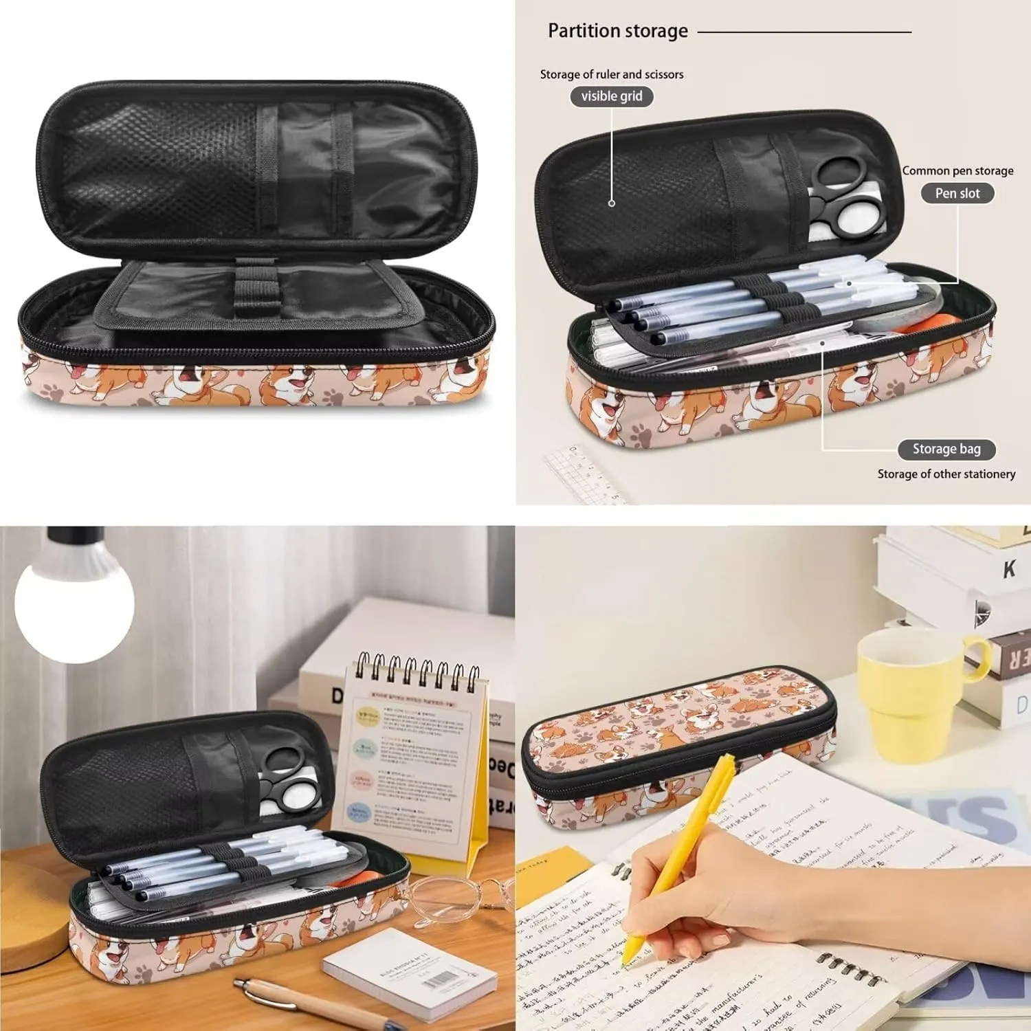 Corgi Print Backpack for Girls 6-10 Backpack Set with Lunch Box Pencil Case for Girls Multi-functional Rucksack Insulated Meal Bag Pen Bag for High School