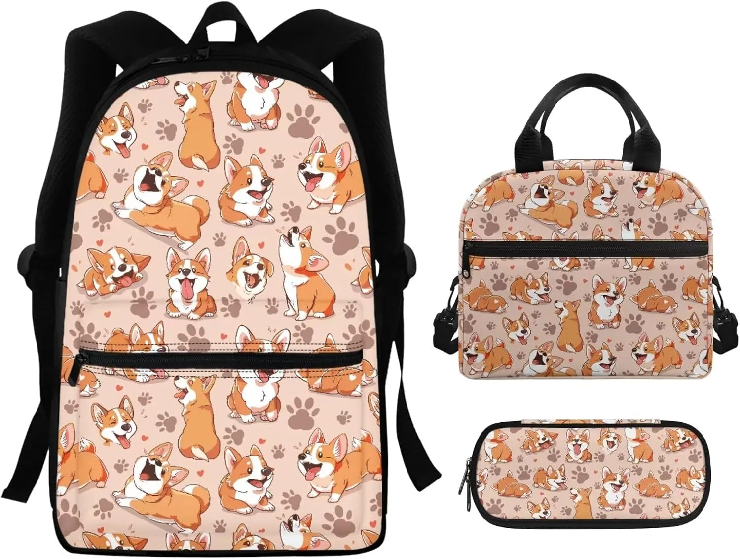 Corgi Print Backpack for Girls 6-10 Backpack Set with Lunch Box Pencil Case for Girls Multi-functional Rucksack Insulated Meal Bag Pen Bag for High School