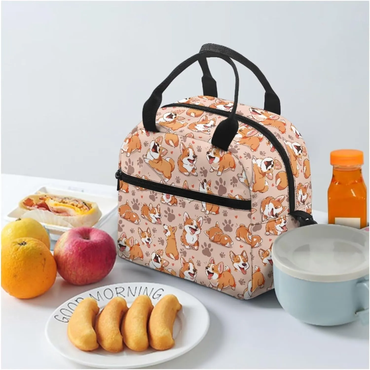 Corgi Print Backpack for Girls 6-10 Backpack Set with Lunch Box Pencil Case for Girls Multi-functional Rucksack Insulated Meal Bag Pen Bag for High School