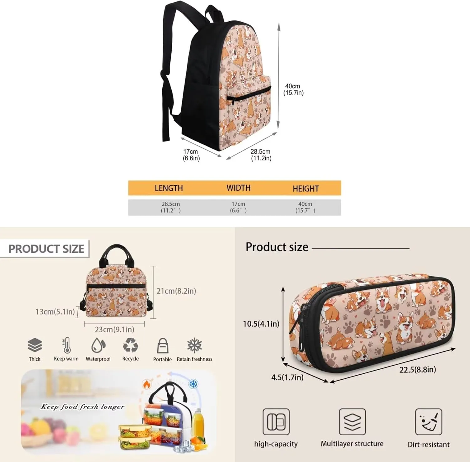 Corgi Print Backpack for Girls 6-10 Backpack Set with Lunch Box Pencil Case for Girls Multi-functional Rucksack Insulated Meal Bag Pen Bag for High School