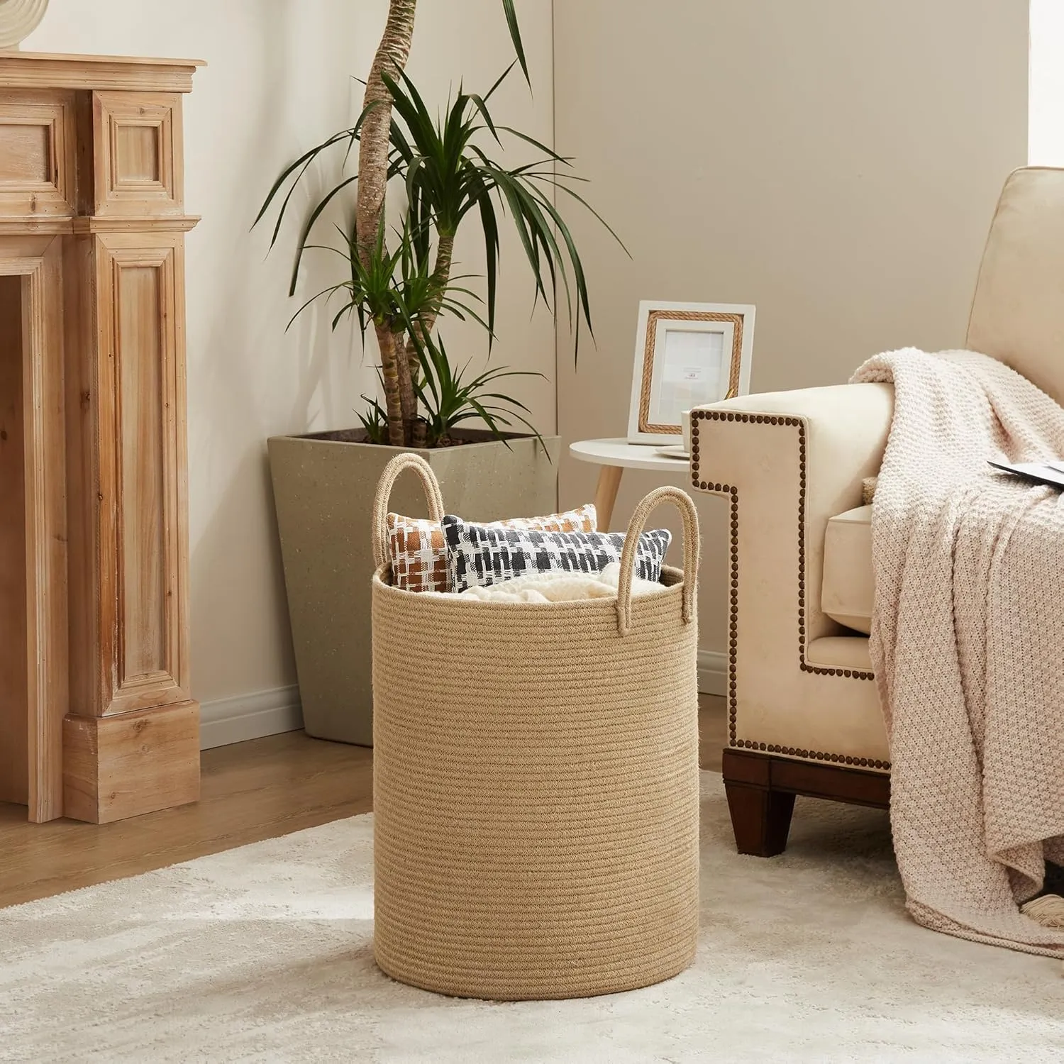 Cotton Laundry Hamper, 58L - Woven Collapsible Storage Basket - Jute Brown