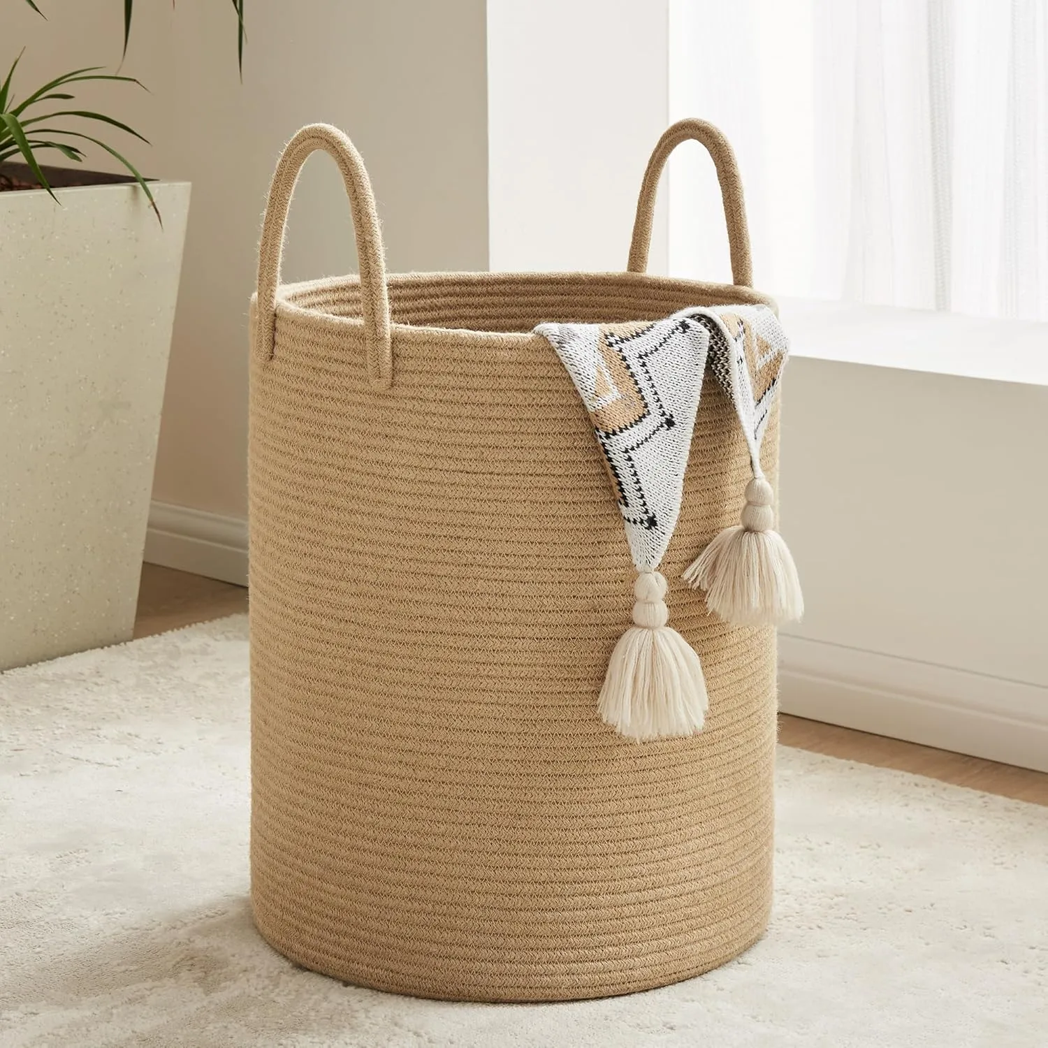 Cotton Laundry Hamper, 58L - Woven Collapsible Storage Basket - Jute Brown