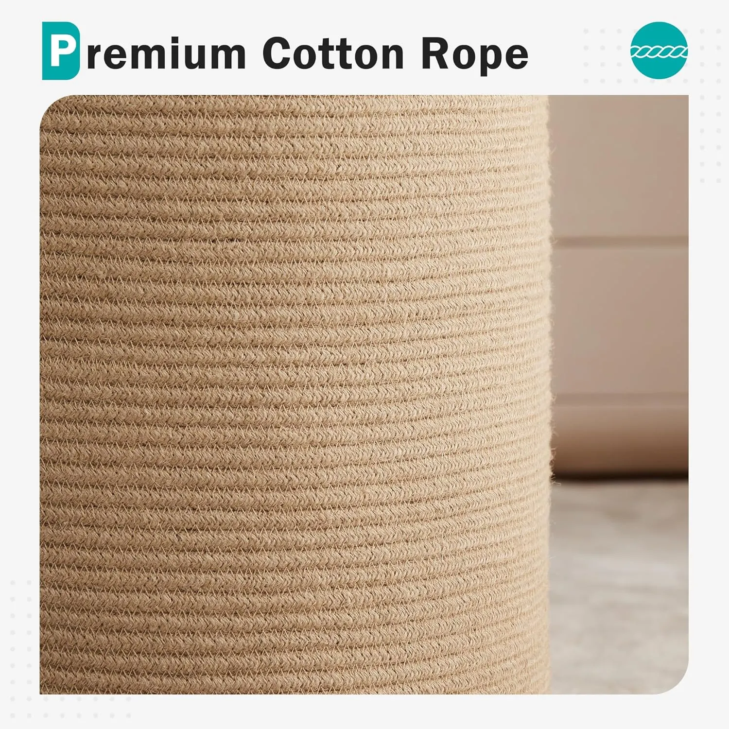 Cotton Laundry Hamper, 58L - Woven Collapsible Storage Basket - Jute Brown