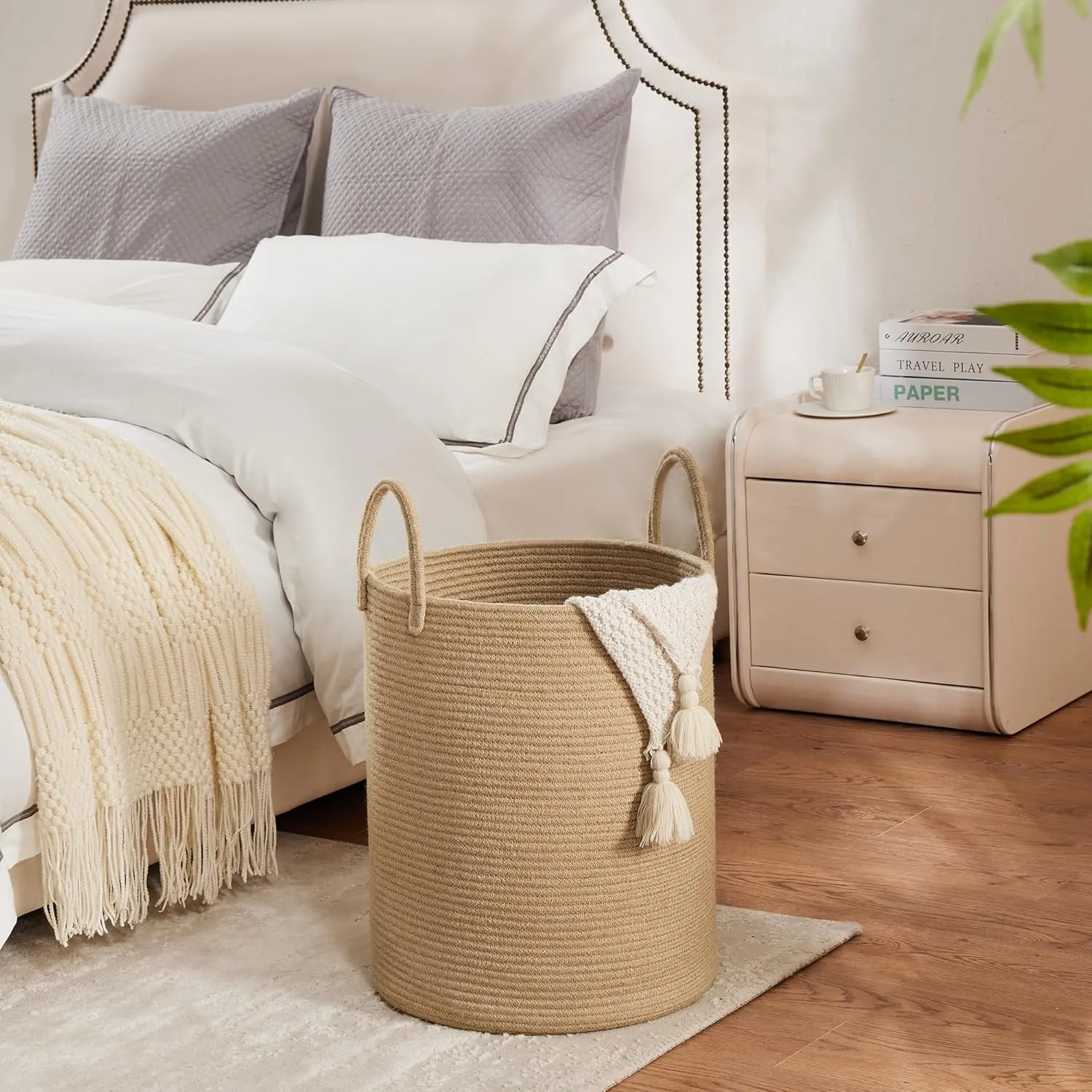 Cotton Laundry Hamper, 58L - Woven Collapsible Storage Basket - Jute Brown