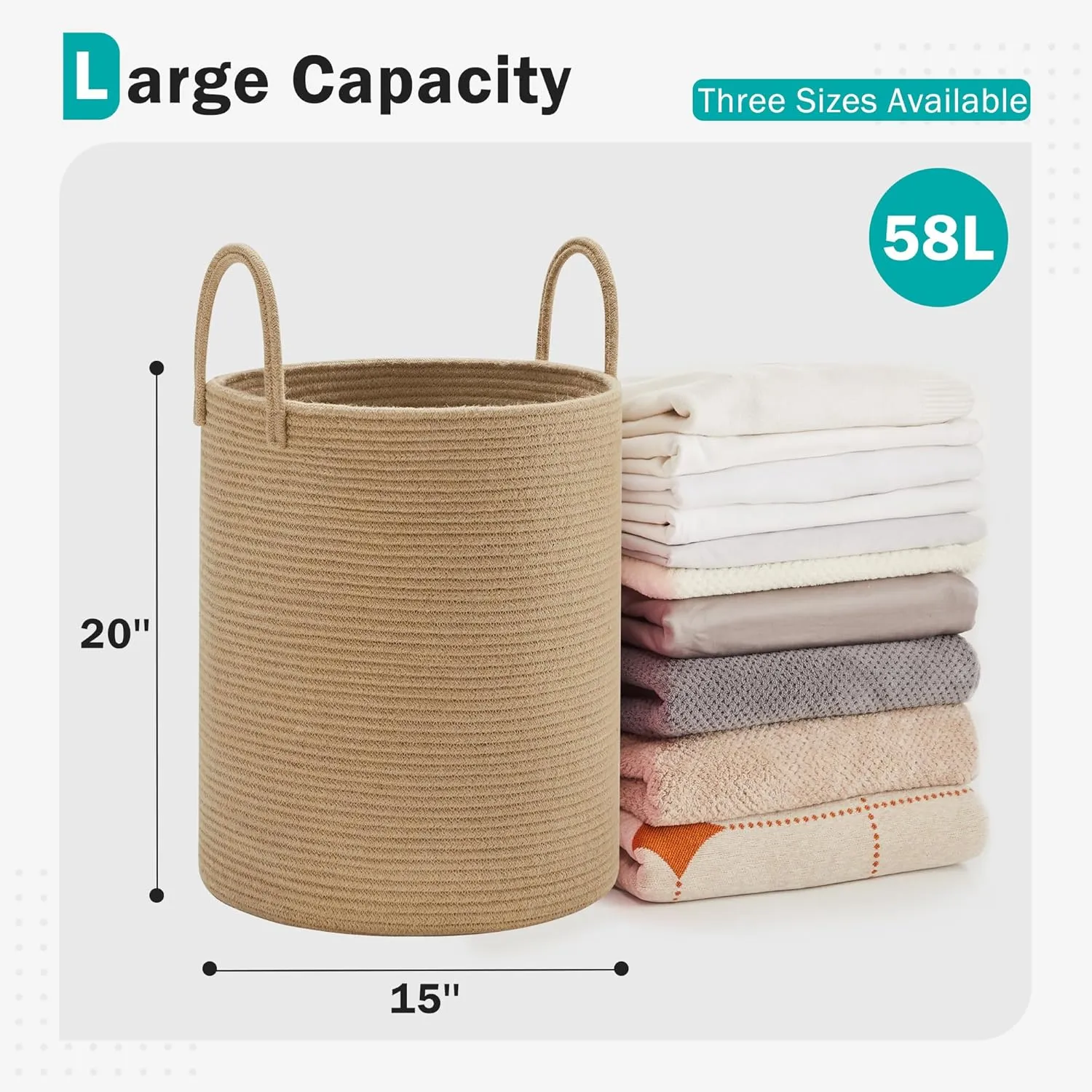 Cotton Laundry Hamper, 58L - Woven Collapsible Storage Basket - Jute Brown