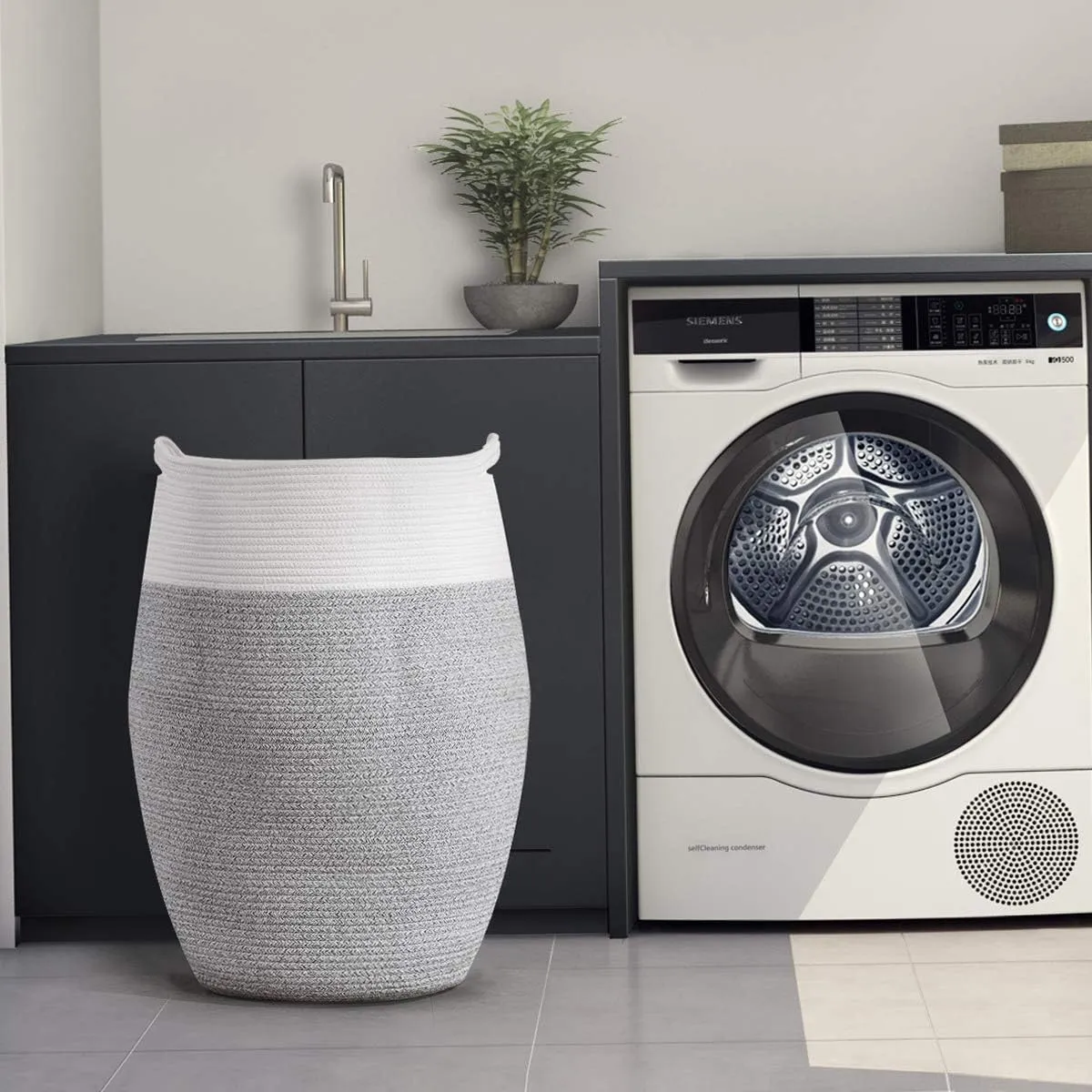 Cotton Rope Laundry Hamper by YOUDENOVA, 105L - Woven Collapsible Laundry Basket - Clothes Storage Basket for Blankets, Laundry Room Organizing, Bedroom Storage, Clothes Hamper – Grey & White