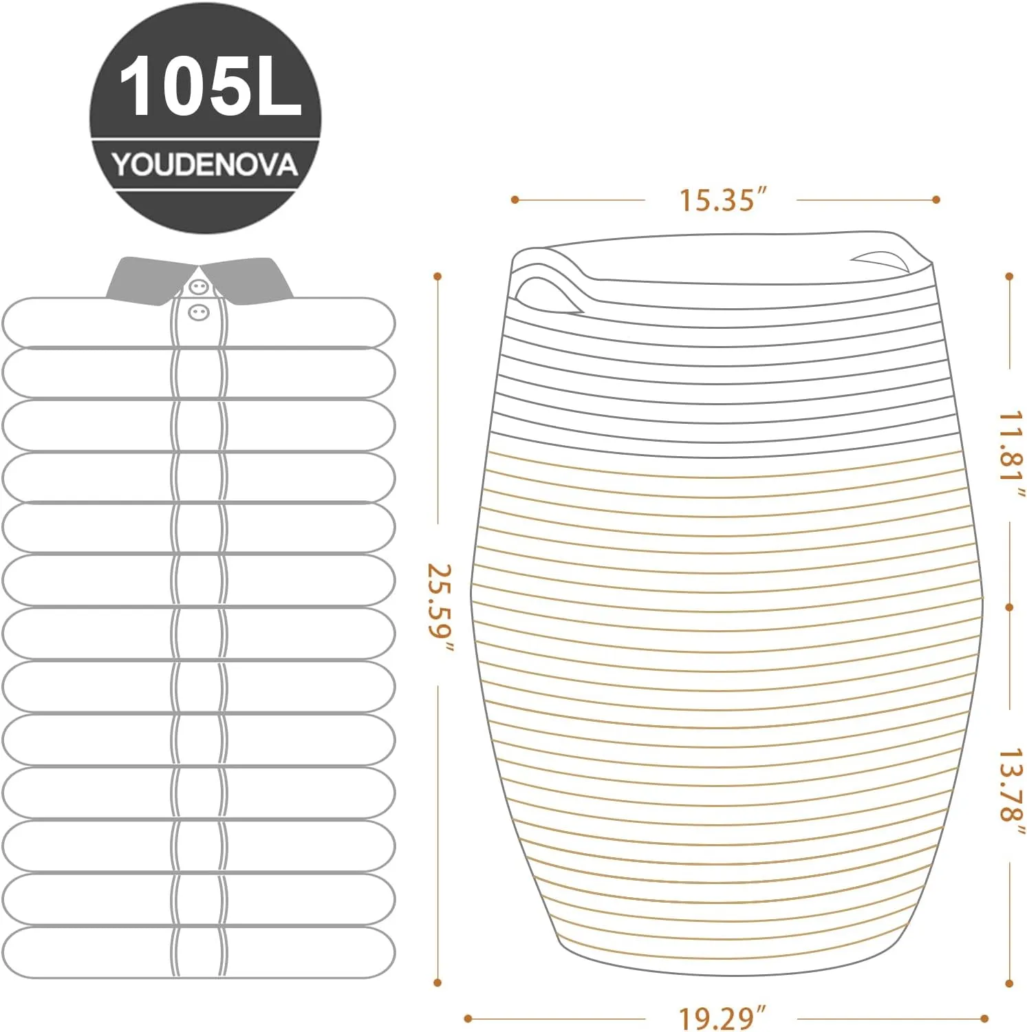 Cotton Rope Laundry Hamper by YOUDENOVA, 105L - Woven Collapsible Laundry Basket - Clothes Storage Basket for Blankets, Laundry Room Organizing, Bedroom Storage, Clothes Hamper – Grey & White