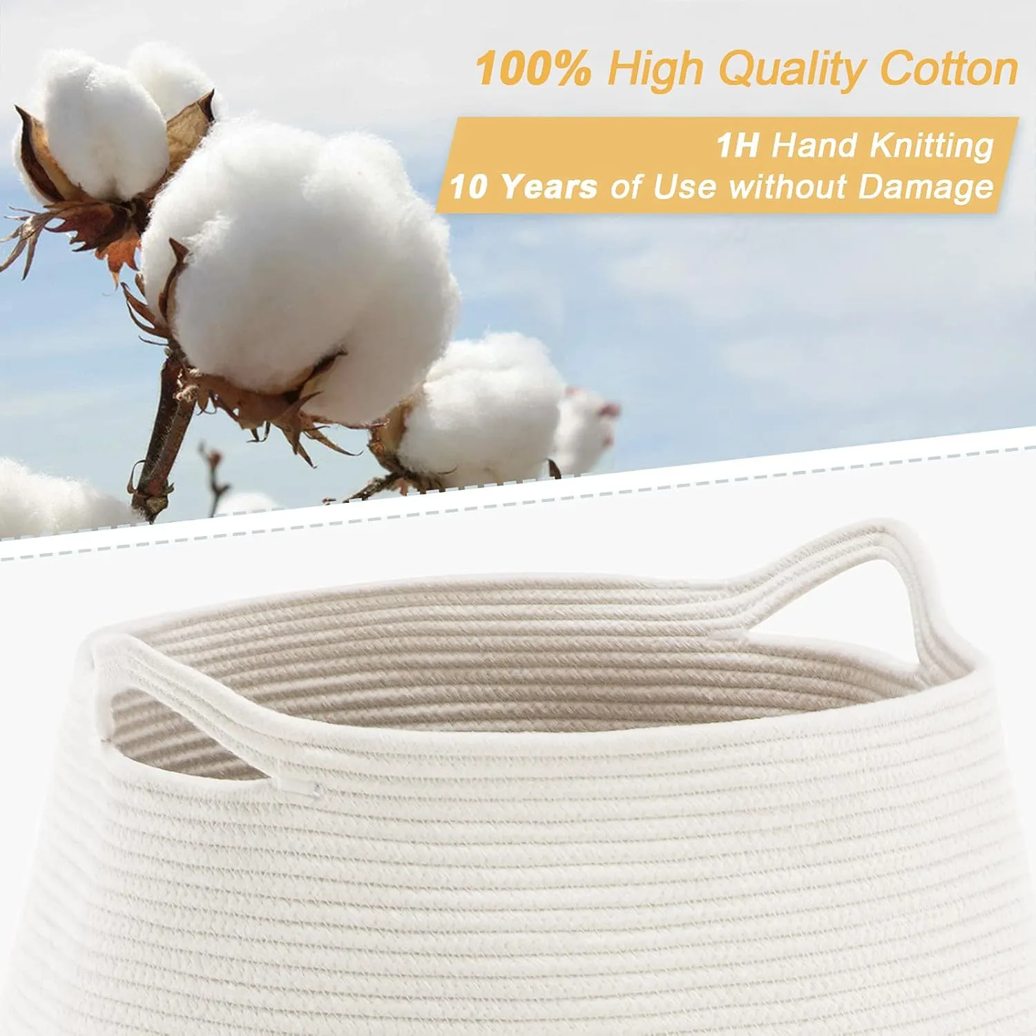 Cotton Rope Laundry Hamper by YOUDENOVA, 105L - Woven Collapsible Laundry Basket - Clothes Storage Basket for Blankets, Laundry Room Organizing, Bedroom Storage, Clothes Hamper – Grey & White