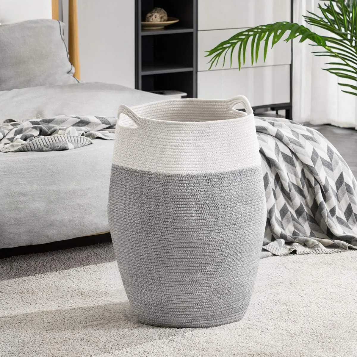 Cotton Rope Laundry Hamper by YOUDENOVA, 105L - Woven Collapsible Laundry Basket - Clothes Storage Basket for Blankets, Laundry Room Organizing, Bedroom Storage, Clothes Hamper – Grey & White