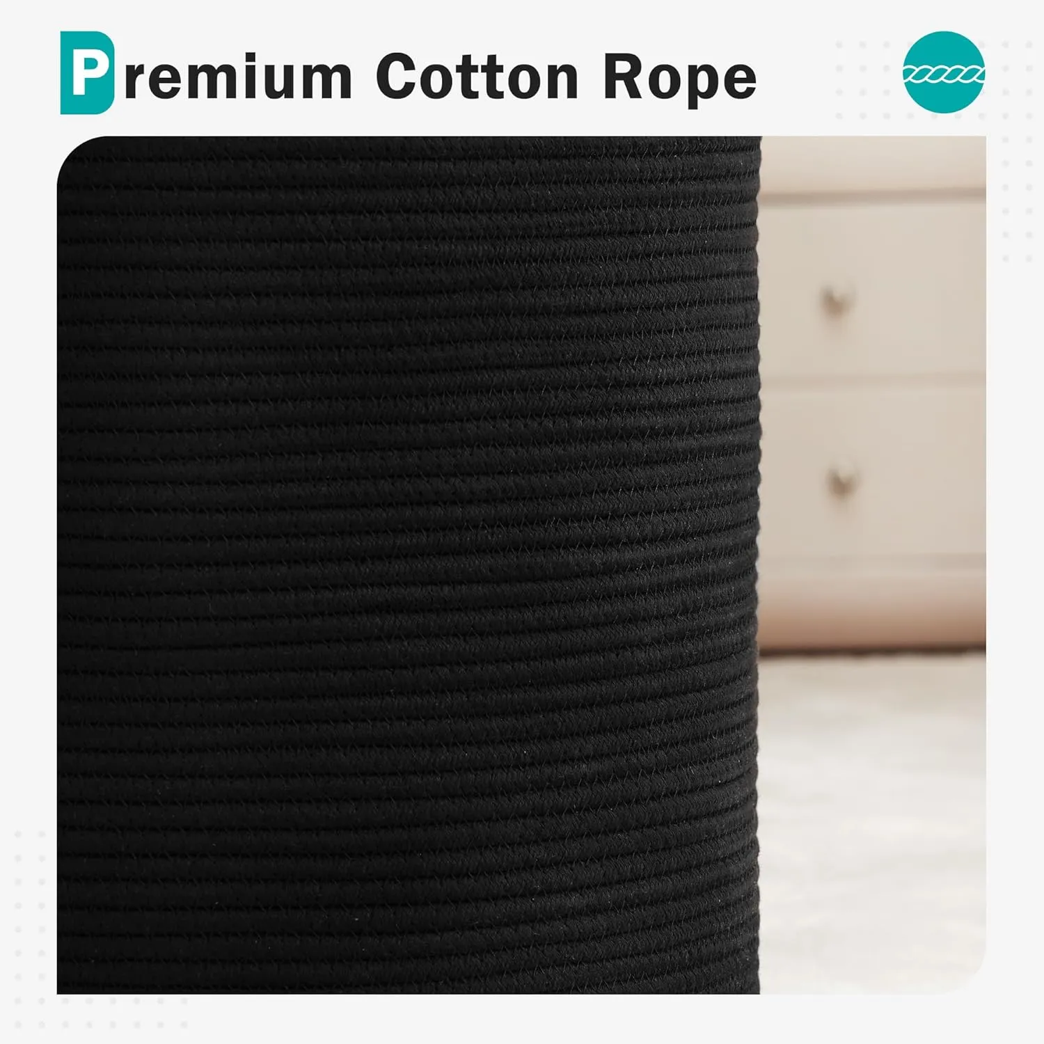 Cotton Rope Laundry Hamper by YOUDENOVA, 58L - Woven Collapsible Laundry Basket - Clothes Storage Basket for Blankets, Laundry Room Organizing, Bedroom Storage, Clothes Hamper – Black
