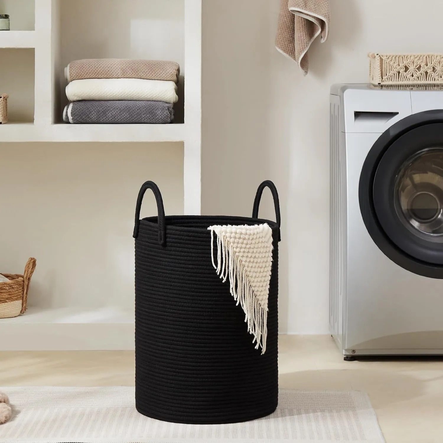 Cotton Rope Laundry Hamper by YOUDENOVA, 58L - Woven Collapsible Laundry Basket - Clothes Storage Basket for Blankets, Laundry Room Organizing, Bedroom Storage, Clothes Hamper – Black