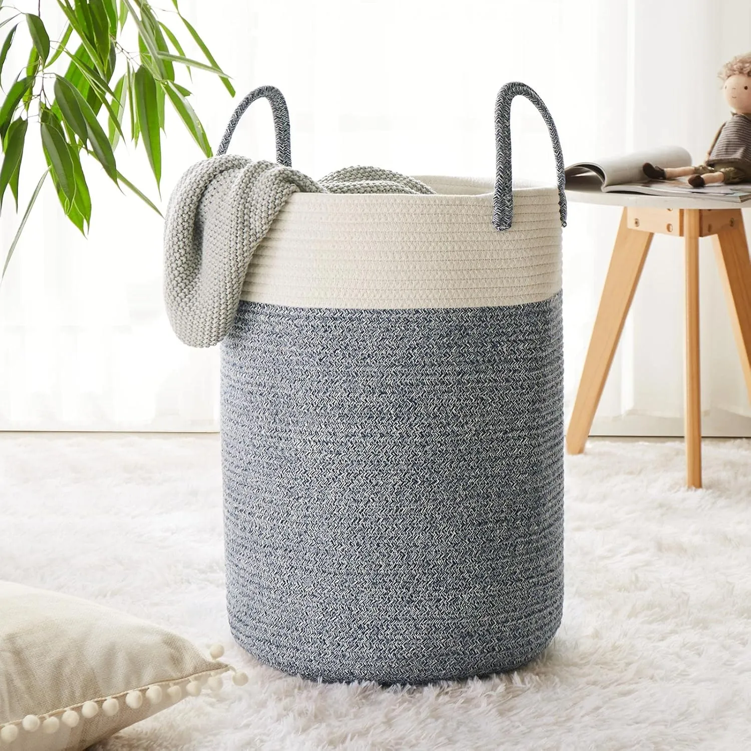 Cotton Rope Laundry Hamper by YOUDENOVA, 58L - Woven Collapsible Laundry Basket - Clothes Storage Basket for Blankets, Laundry Room Organizing, Bedroom Storage, Clothes Hamper – Blue