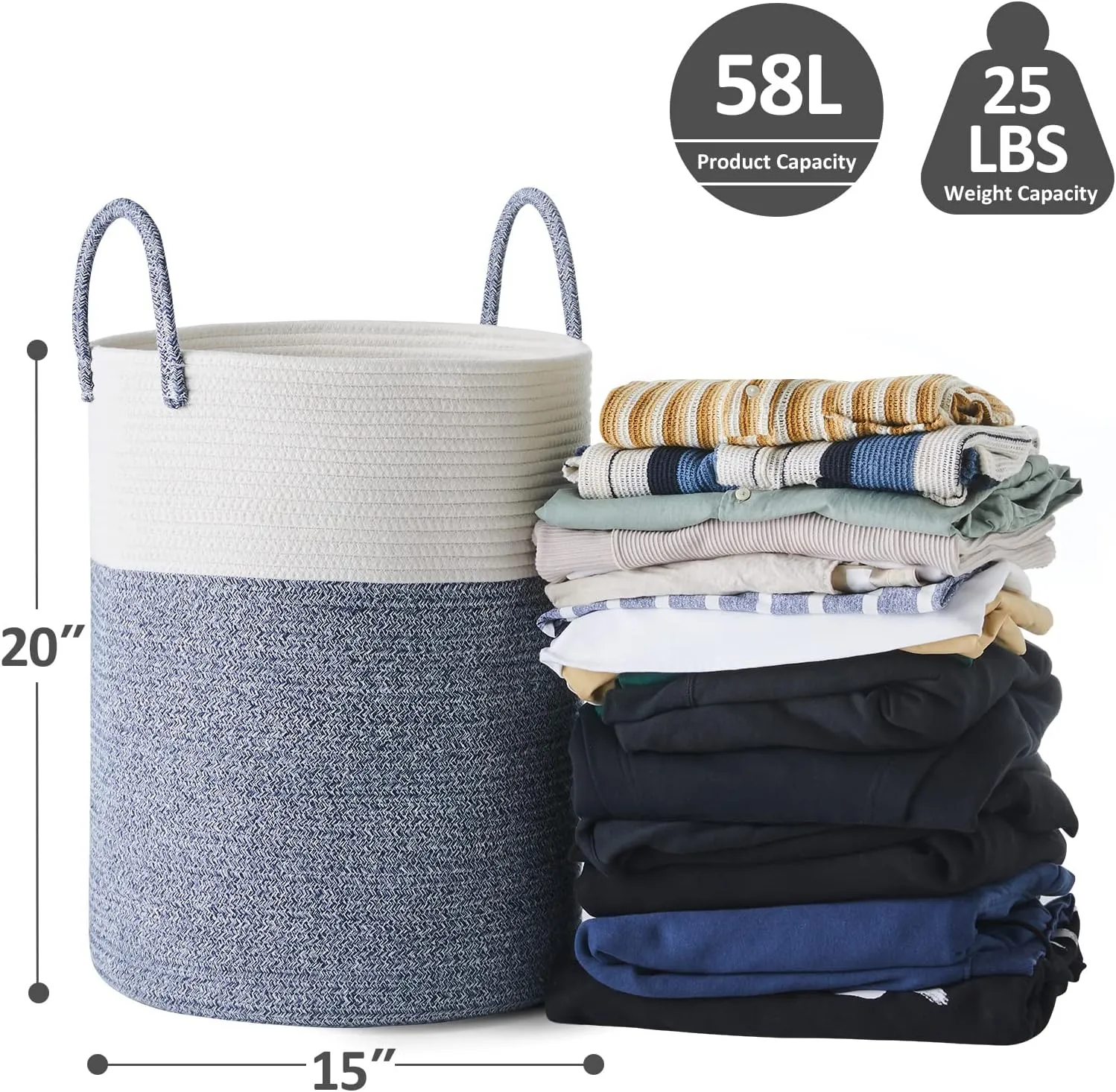 Cotton Rope Laundry Hamper by YOUDENOVA, 58L - Woven Collapsible Laundry Basket - Clothes Storage Basket for Blankets, Laundry Room Organizing, Bedroom Storage, Clothes Hamper – Blue