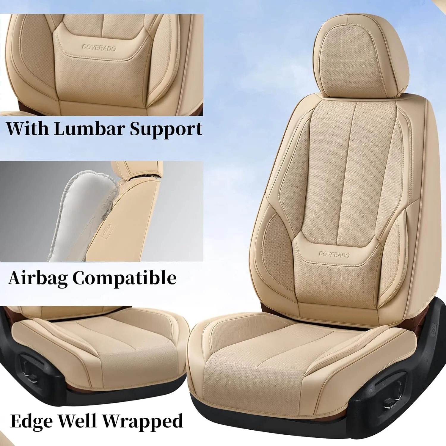 Coverado Seat Covers, Car Seat Covers Front Seats, Car Seat Cover, Car Seat Protector Waterproof, Car Seat Cushion Nappa Leather, Beige Seat Covers Carseat Cover Universal Fit for Most Cars
