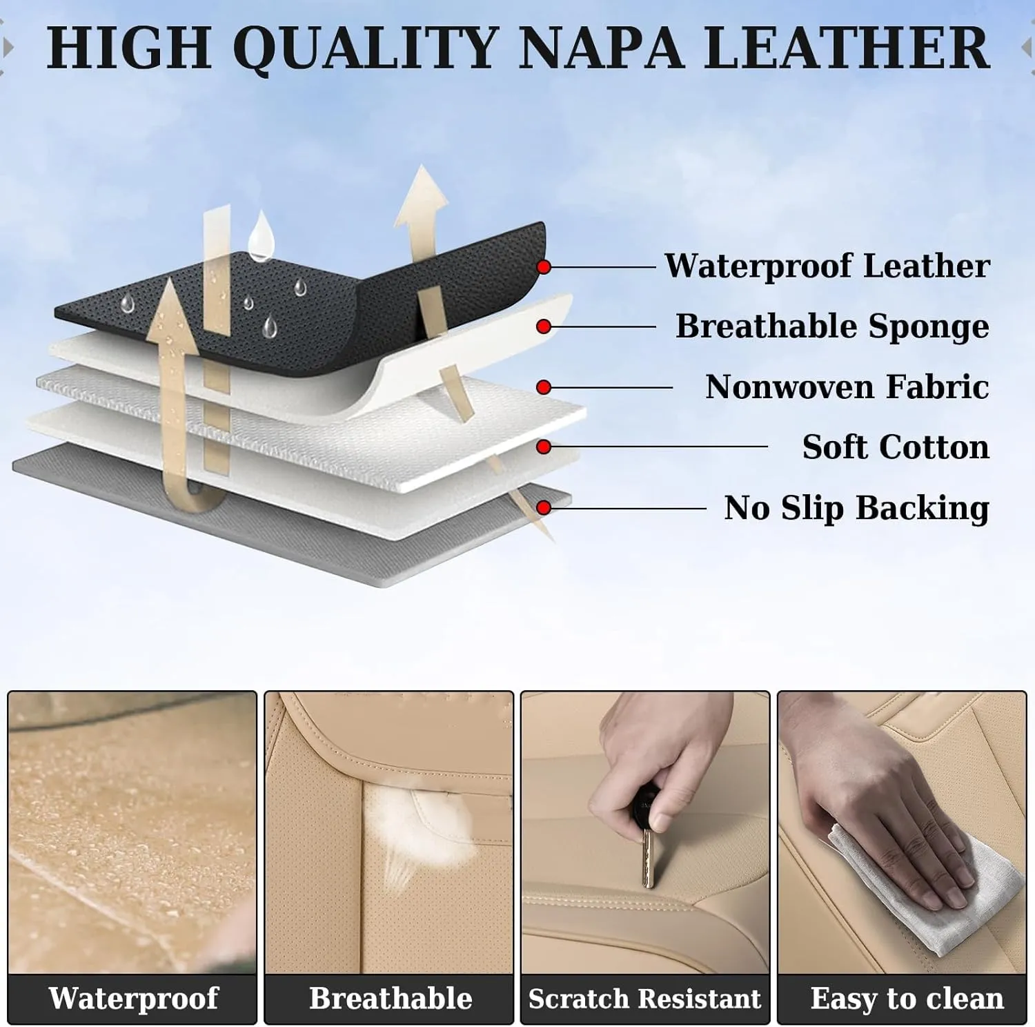 Coverado Seat Covers, Car Seat Covers Front Seats, Car Seat Cover, Car Seat Protector Waterproof, Car Seat Cushion Nappa Leather, Beige Seat Covers Carseat Cover Universal Fit for Most Cars