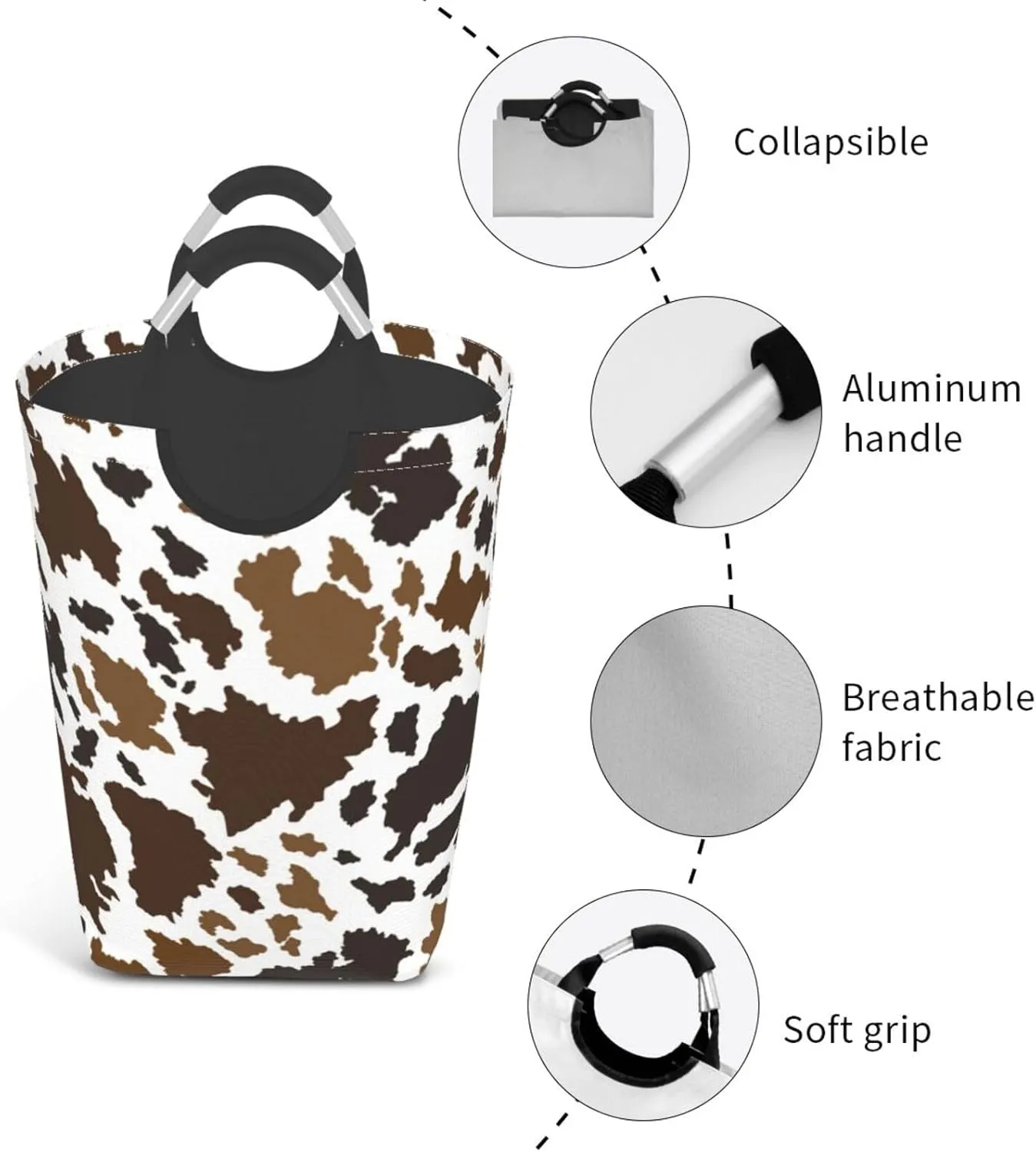 Cow Skin Collapsible Laundry Basket with Handle - Animal Print Hamper for Family, Bathroom, Dorm - 50L