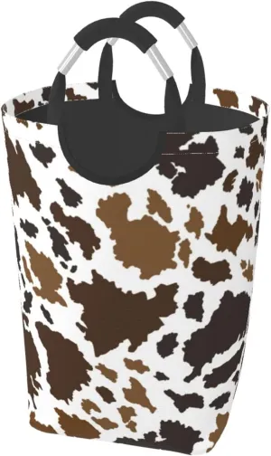 Cow Skin Collapsible Laundry Basket with Handle - Animal Print Hamper for Family, Bathroom, Dorm - 50L