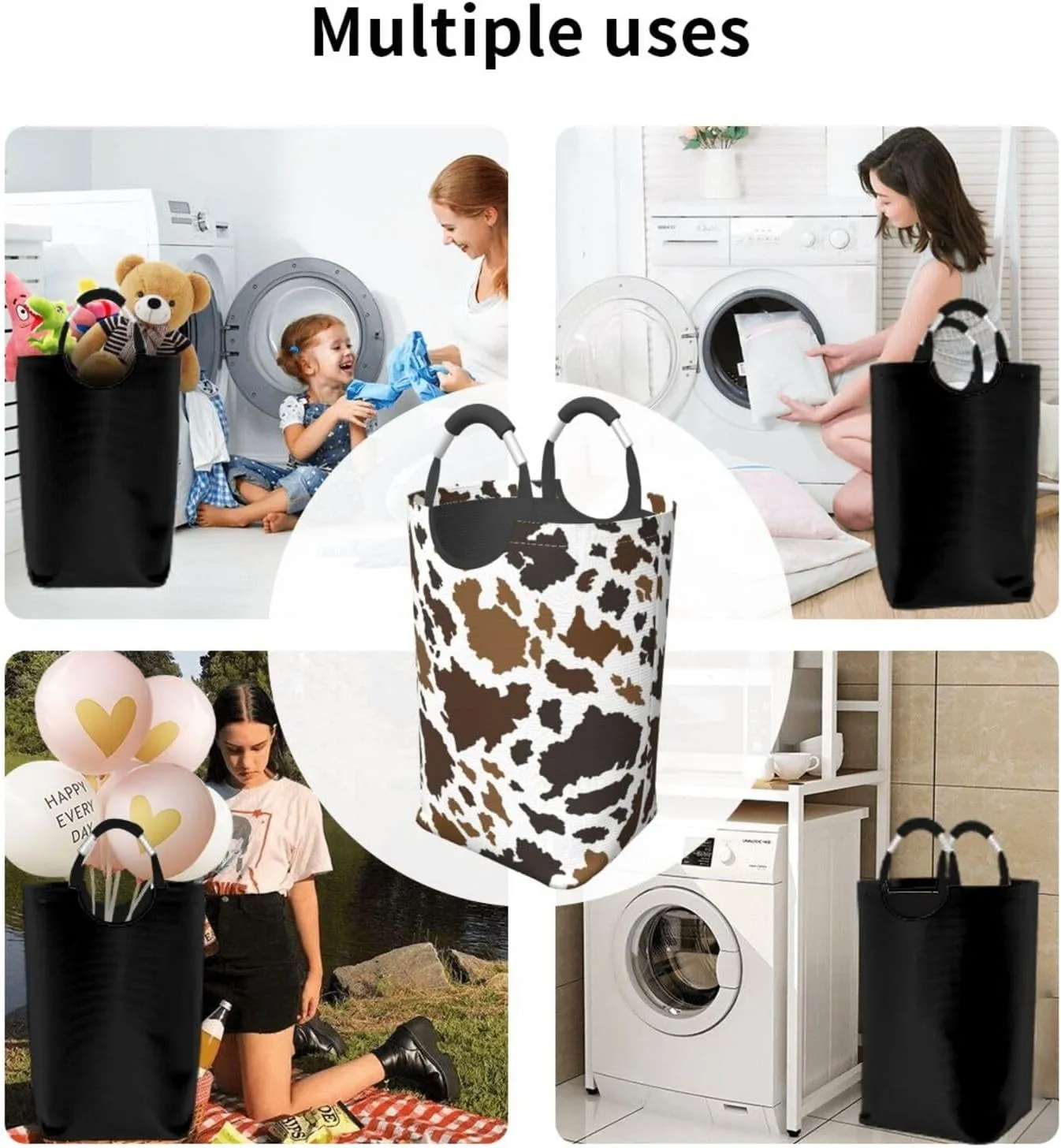 Cow Skin Collapsible Laundry Basket with Handle - Animal Print Hamper for Family, Bathroom, Dorm - 50L