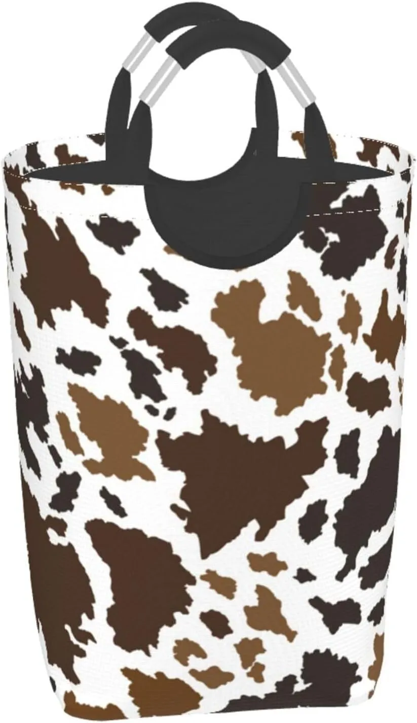 Cow Skin Collapsible Laundry Basket with Handle - Animal Print Hamper for Family, Bathroom, Dorm - 50L