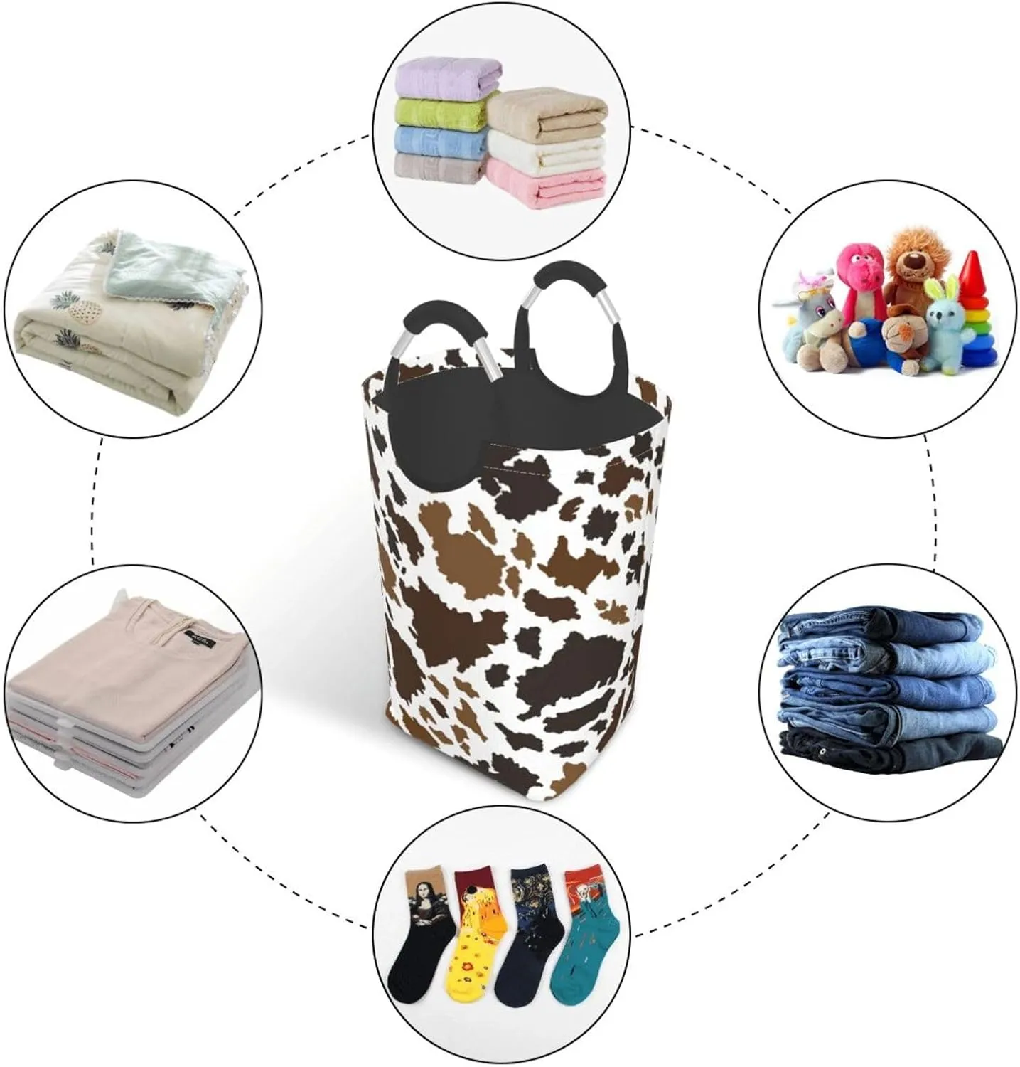 Cow Skin Collapsible Laundry Basket with Handle - Animal Print Hamper for Family, Bathroom, Dorm - 50L