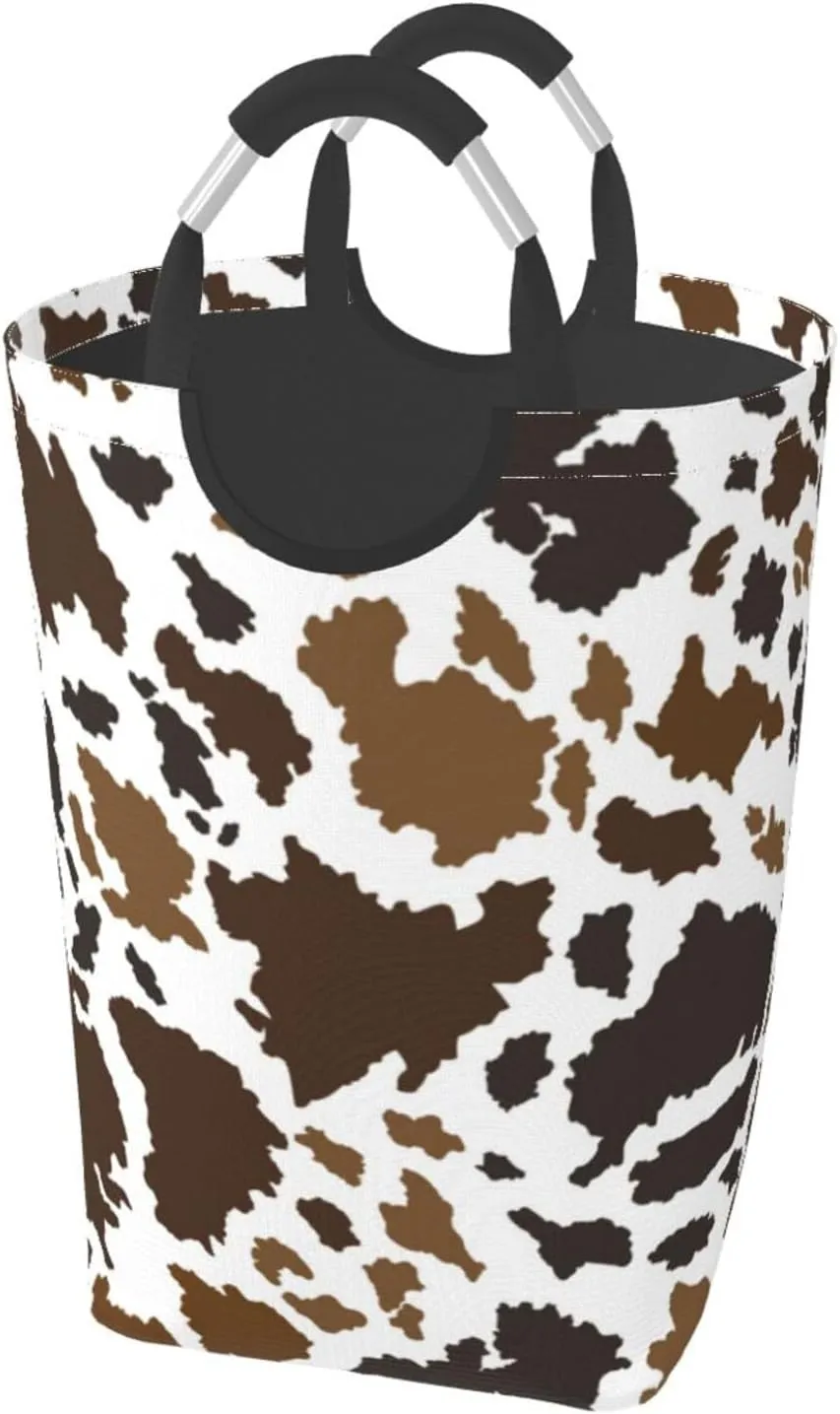 Cow Skin Collapsible Laundry Basket with Handle - Animal Print Hamper for Family, Bathroom, Dorm - 50L