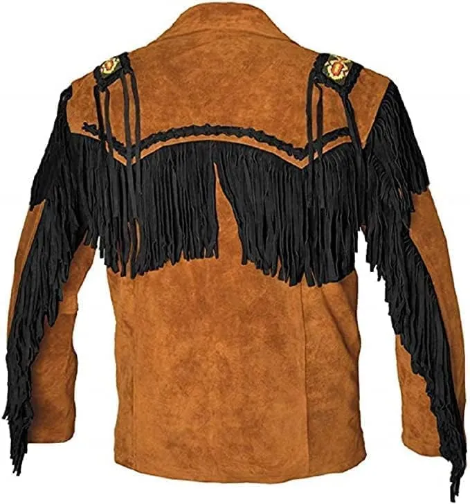 Cowboy Western Leather Coat with Fringe Native American Jacket Suede Beaded Vintage Classic Leather