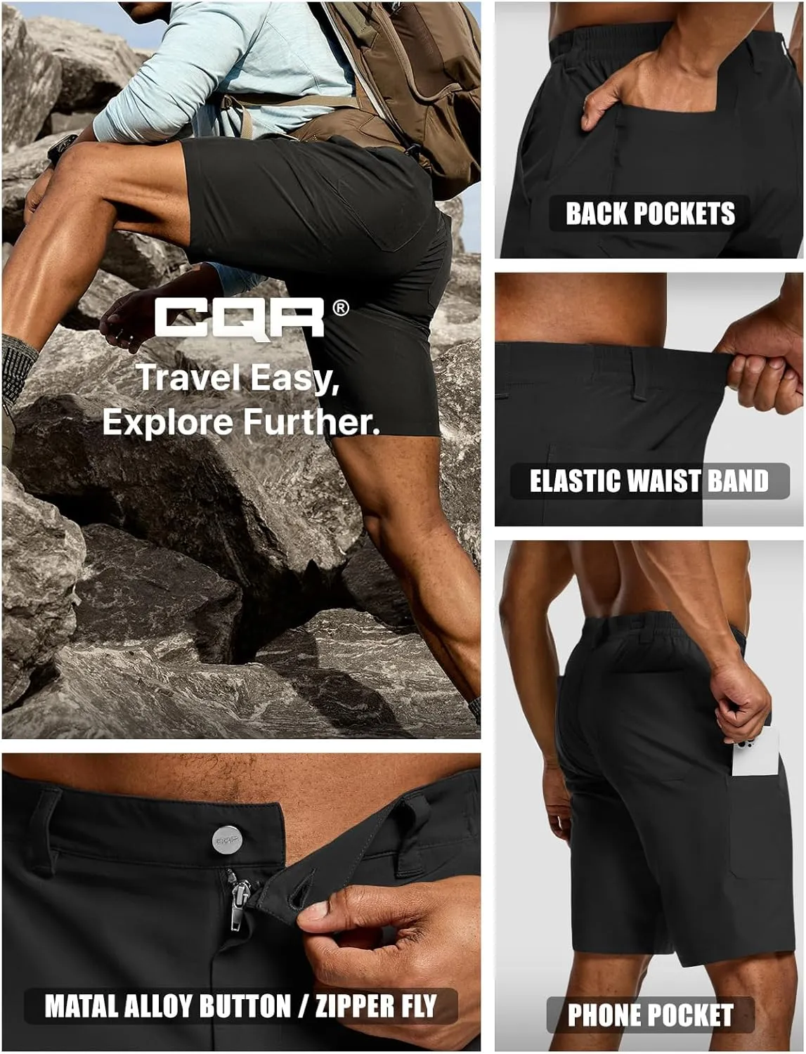 CQR Men's Quick Dry Stretch Hiking Cargo Shorts, Lightweight Water Resistant Tactical Casual, Golf & Outdoor with Pockets